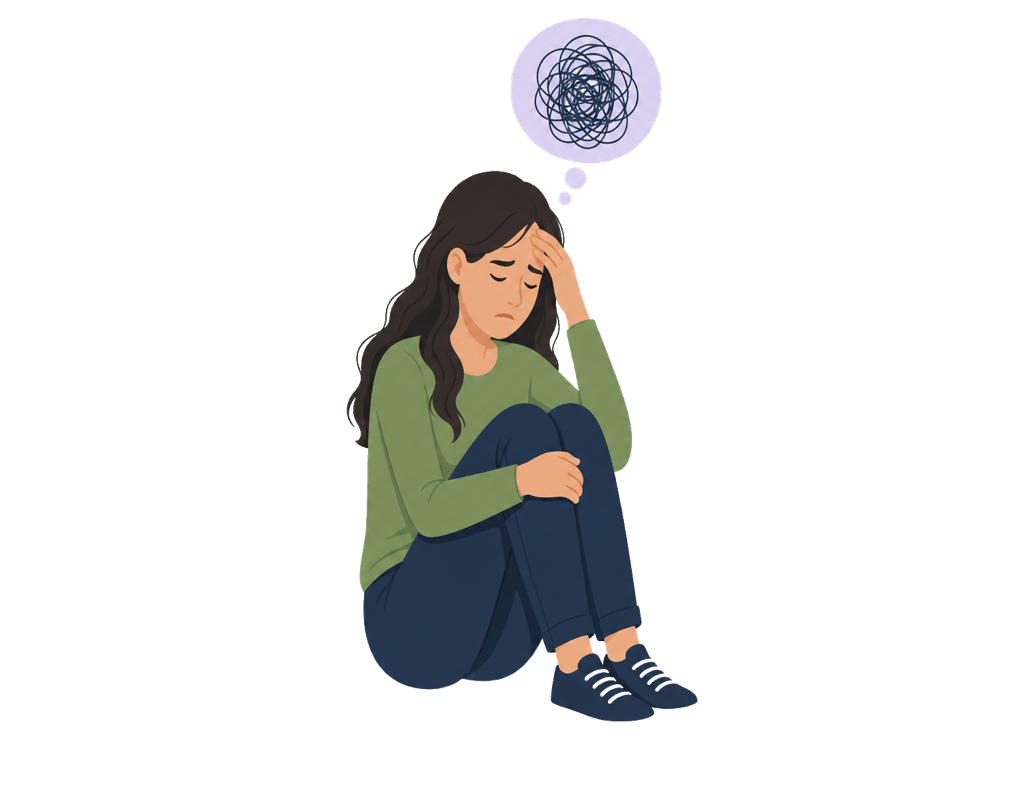 Vector illustration of a person feeling emotionally overwhelmed with racing thoughts and difficulty calming down