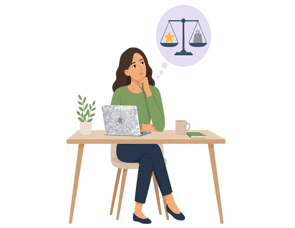 Vector illustration of a professional at a desk weighing job fulfillment against work stress and burnout