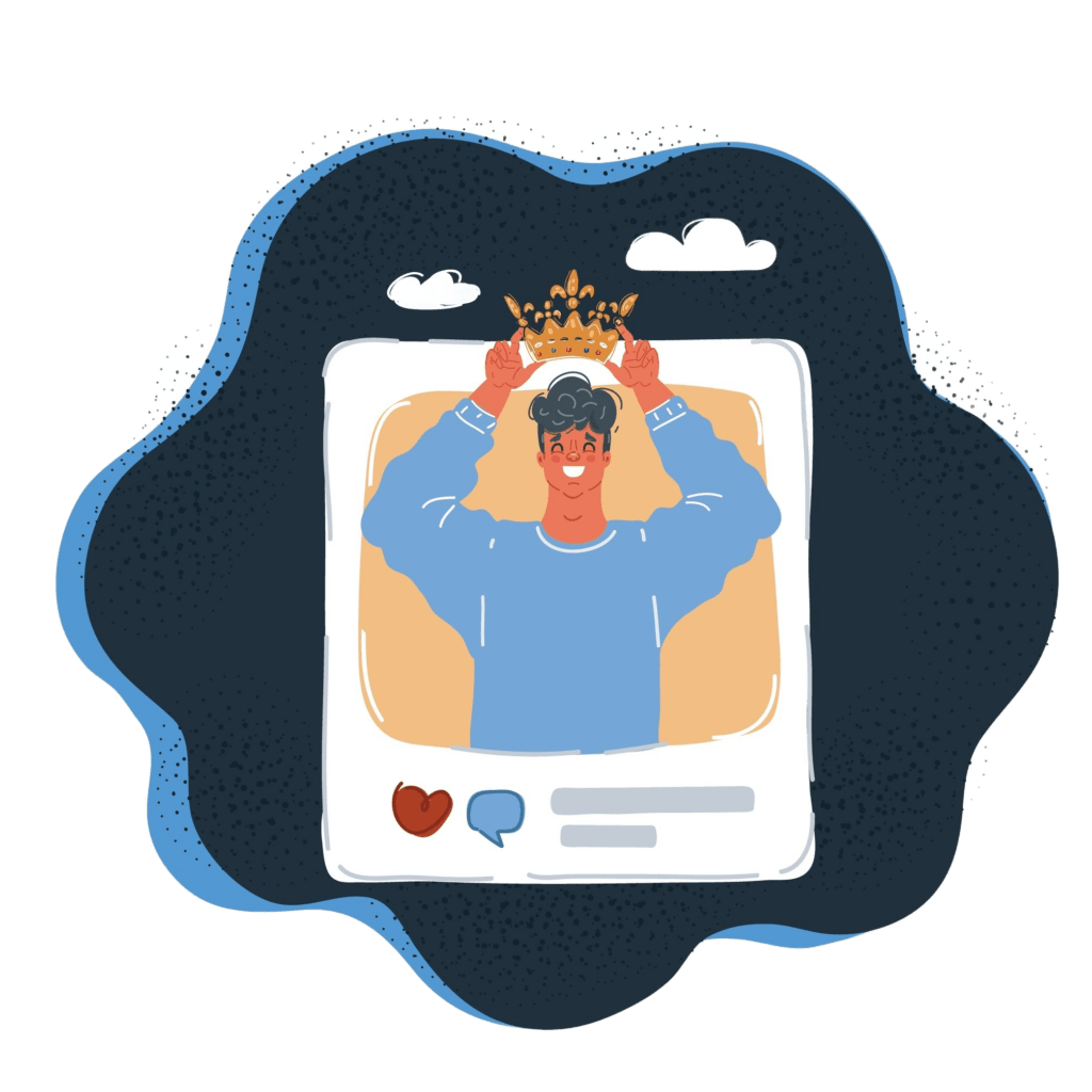 Illustration of a person placing a crown on their head, featured within a social media post with a heart and comment icon below. The background has a cloud-like, blue and black design, subtly hinting at the playful allure of taking a Narcissism Test.