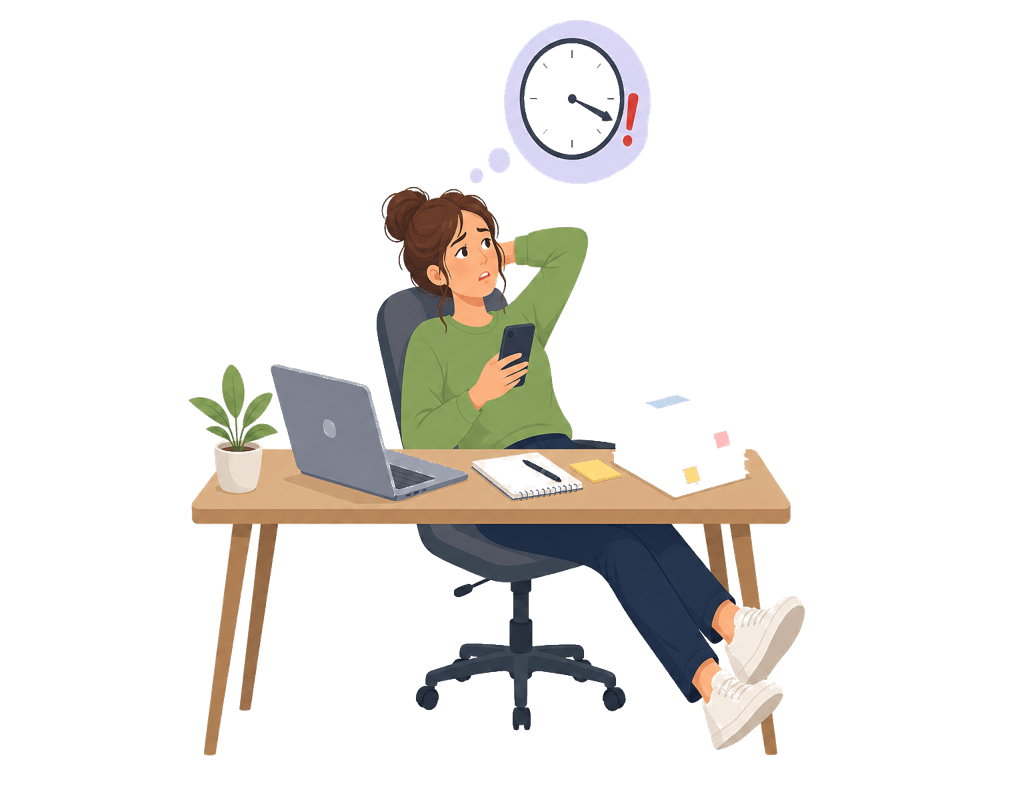 Vector illustration of a person procrastinating at a desk while important tasks wait and time pressure builds