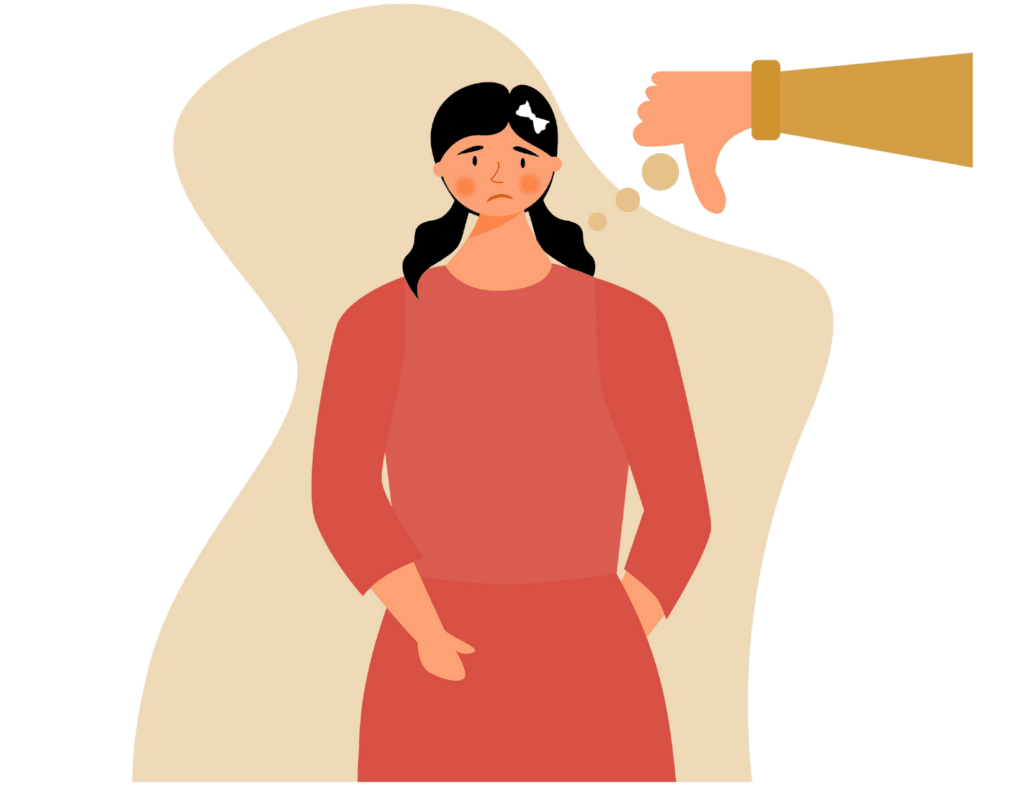 Illustration of a sad girl in a red dress with a thought bubble showing a thumbs-down symbol, highlighting her struggle with Rejection Sensitive Dysphoria.