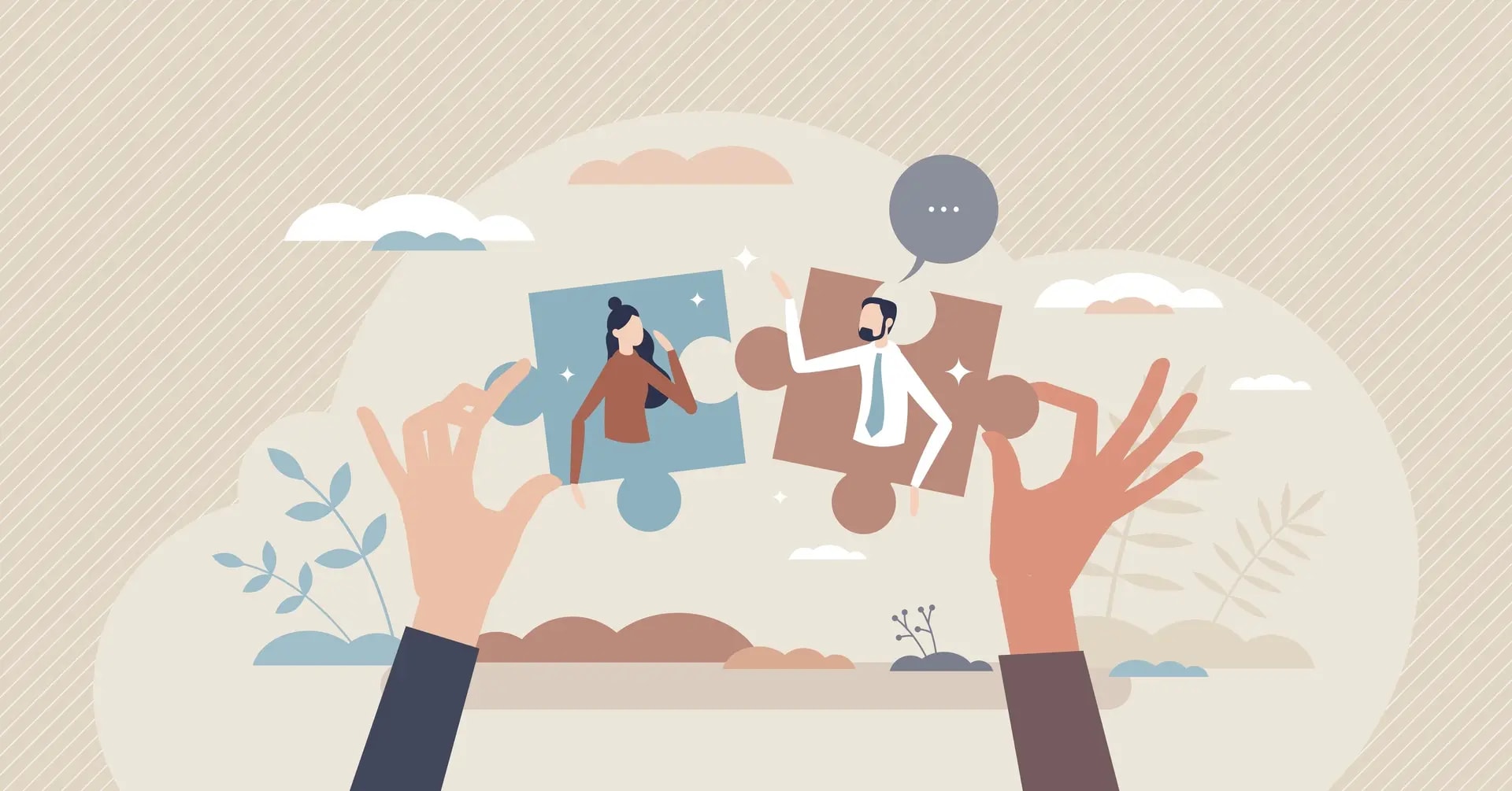 Illustration of two hands holding puzzle pieces with people on them, appearing to connect, symbolizing teamwork or collaboration, against a cloudy background with plants. This artwork could resonate with Roseville therapists promoting the importance of unity in personal growth.