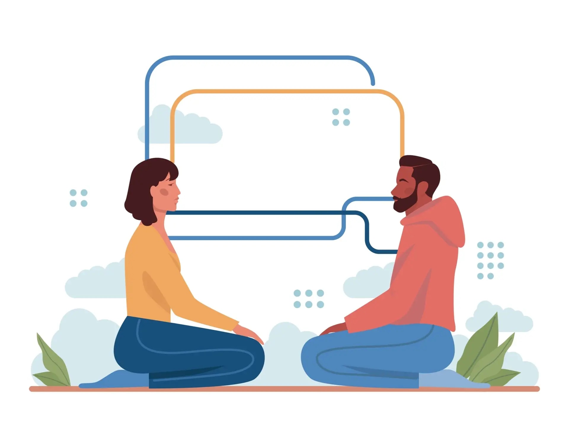Illustration of a woman and a man sitting cross-legged facing each other with speech bubbles between them, suggesting a conversation or dialogue. Background includes clouds and abstract shapes, evoking the welcoming atmosphere of Roseville therapy and counseling sessions.