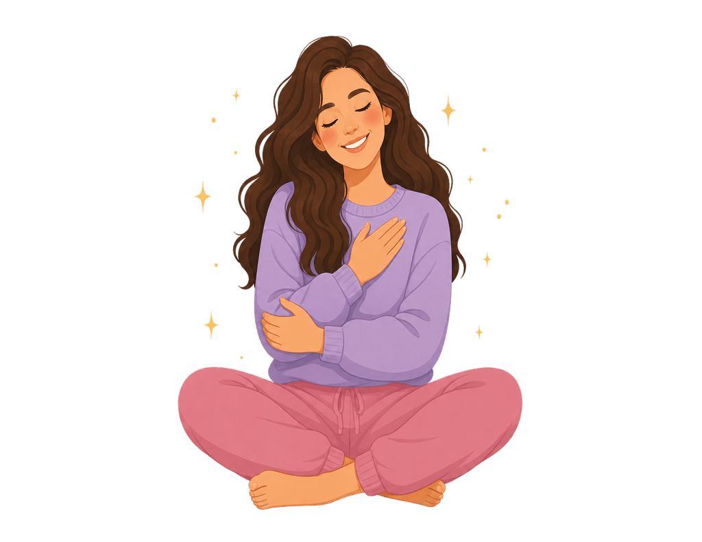 Vector illustration of a happy woman meditating with a hand on her heart in a gentle self-hug, representing self-compassion
