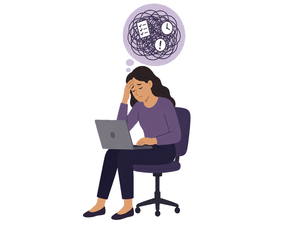 Vector illustration of a professional feeling overwhelmed by workplace limiting beliefs and work stress