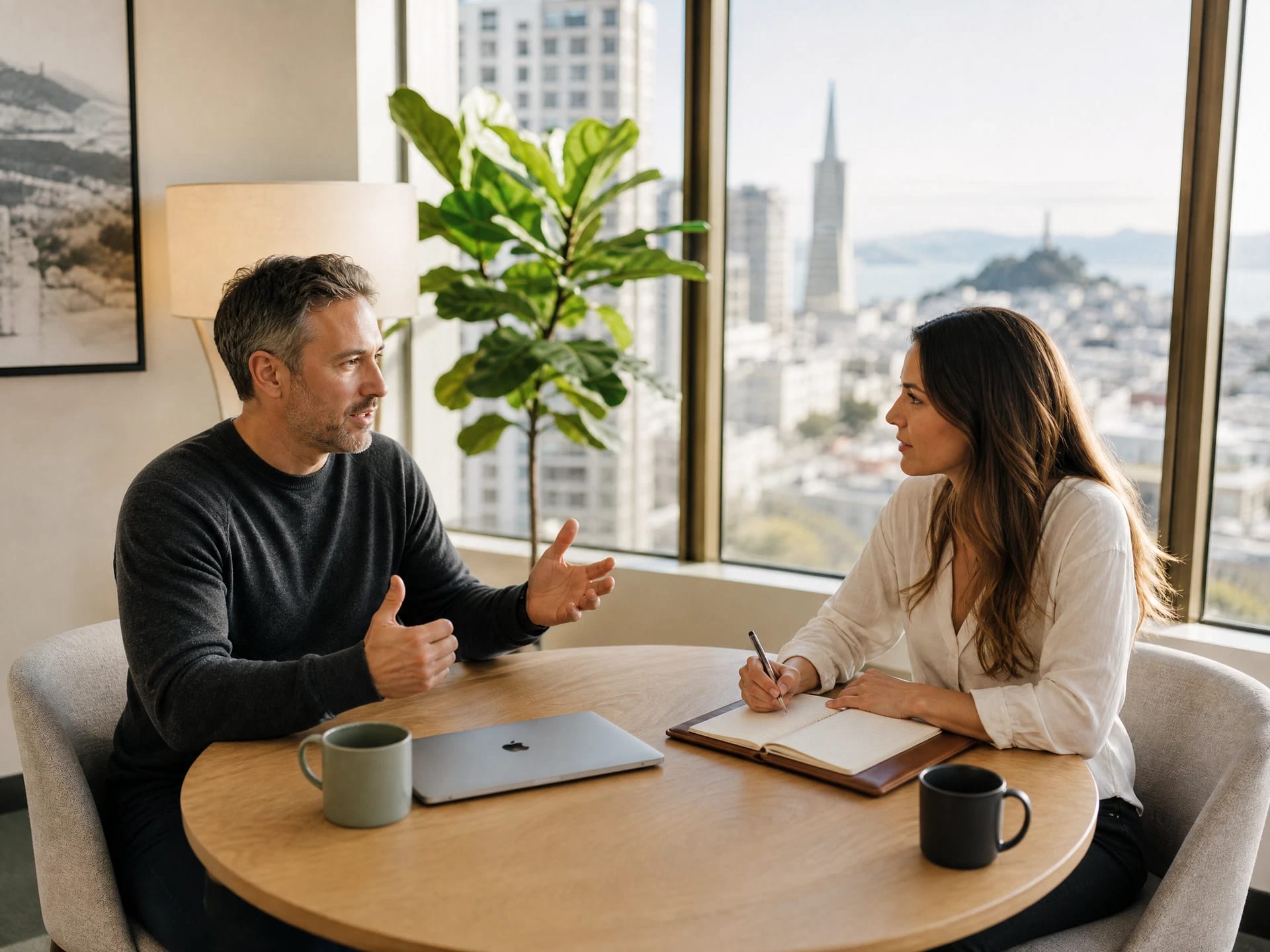 A diverse group of five people are gathered around a table in an office, engaging in a discussion and examining documents related to therapy and counseling in Roseville, California. A whiteboard and large windows are seen in the background.