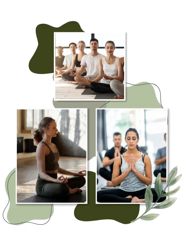 Three images show people sitting cross-legged indoors, meditating or practicing yoga in a group setting, with a nature-inspired graphic background, highlighting the atmosphere of a Mental Health Retreat.