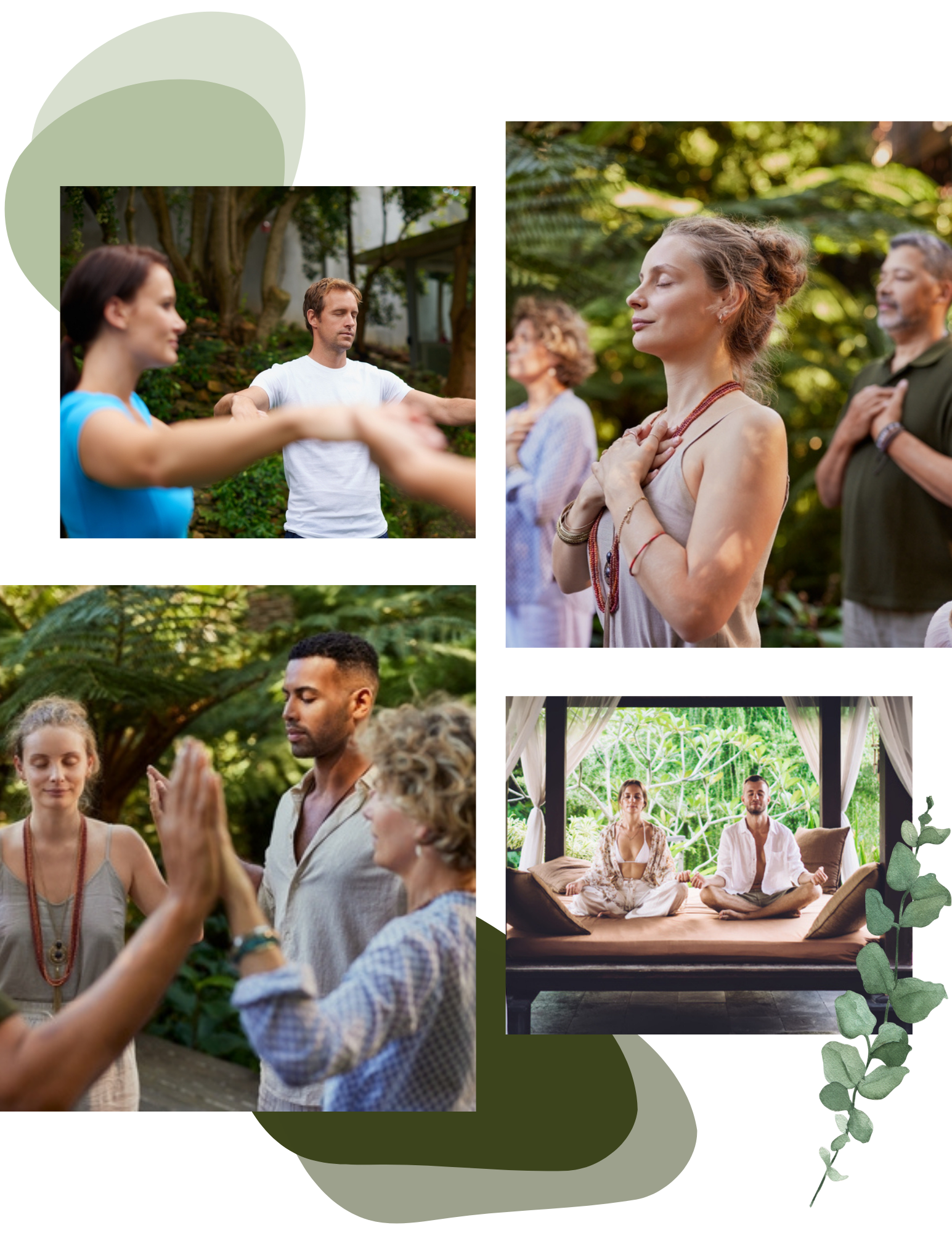 People participate in group meditation and mindfulness activities, both outdoors and indoors, during an International mental health wellness retreat, standing with eyes closed, hands together, or seated cross-legged on cushions.