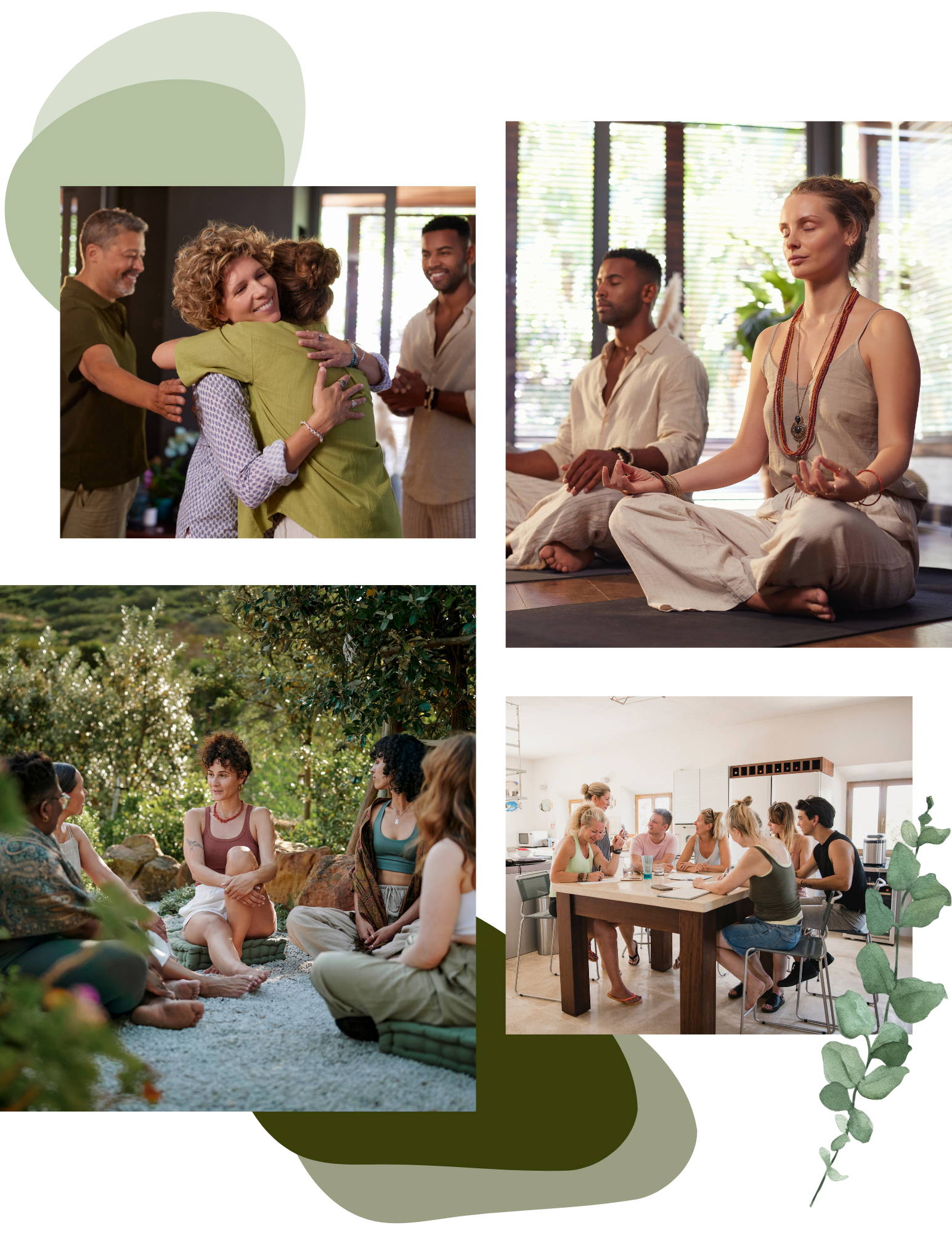A collage shows people meditating, sitting in a group outdoors during a mental health retreat, hugging in greeting indoors, and talking together representing retreats in the United States and worldwide.