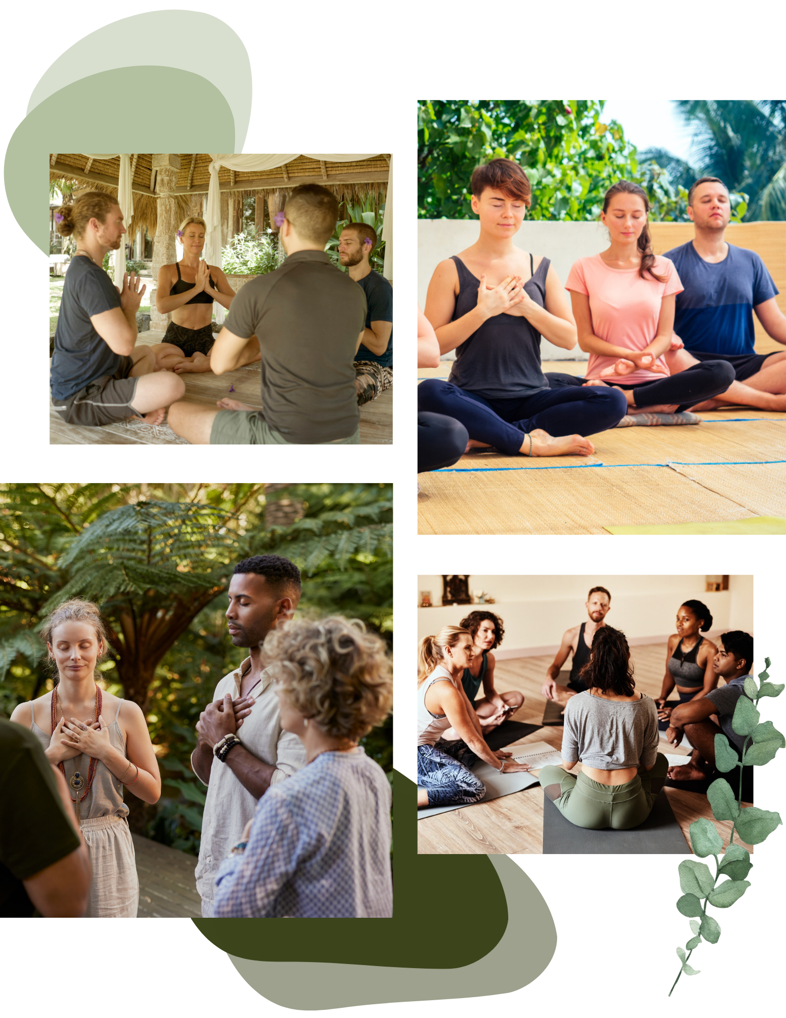 Collage of diverse groups of people practicing meditation or mindfulness in indoor and outdoor settings at a health and wellness retreat.