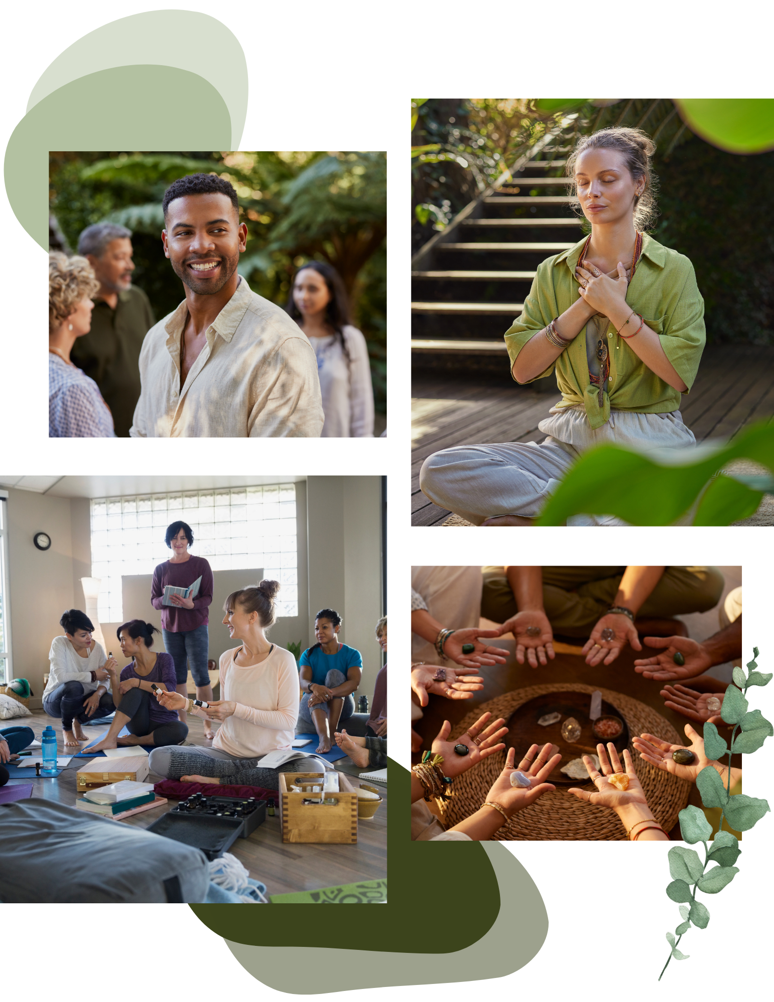 Group activities at a couples wellness retreat including meditation and relational exercises.