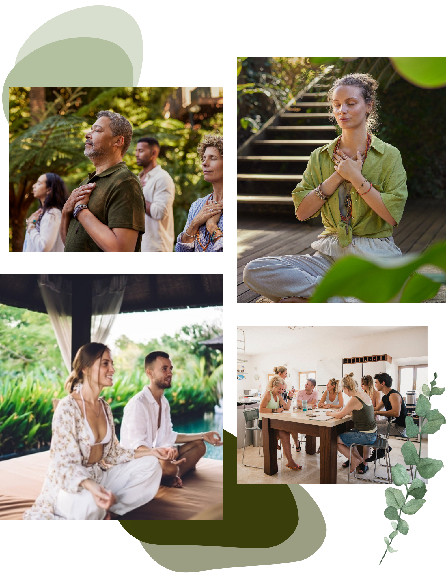 Participants at a mental wellness retreat practicing mindfulness and holistic healing activities.