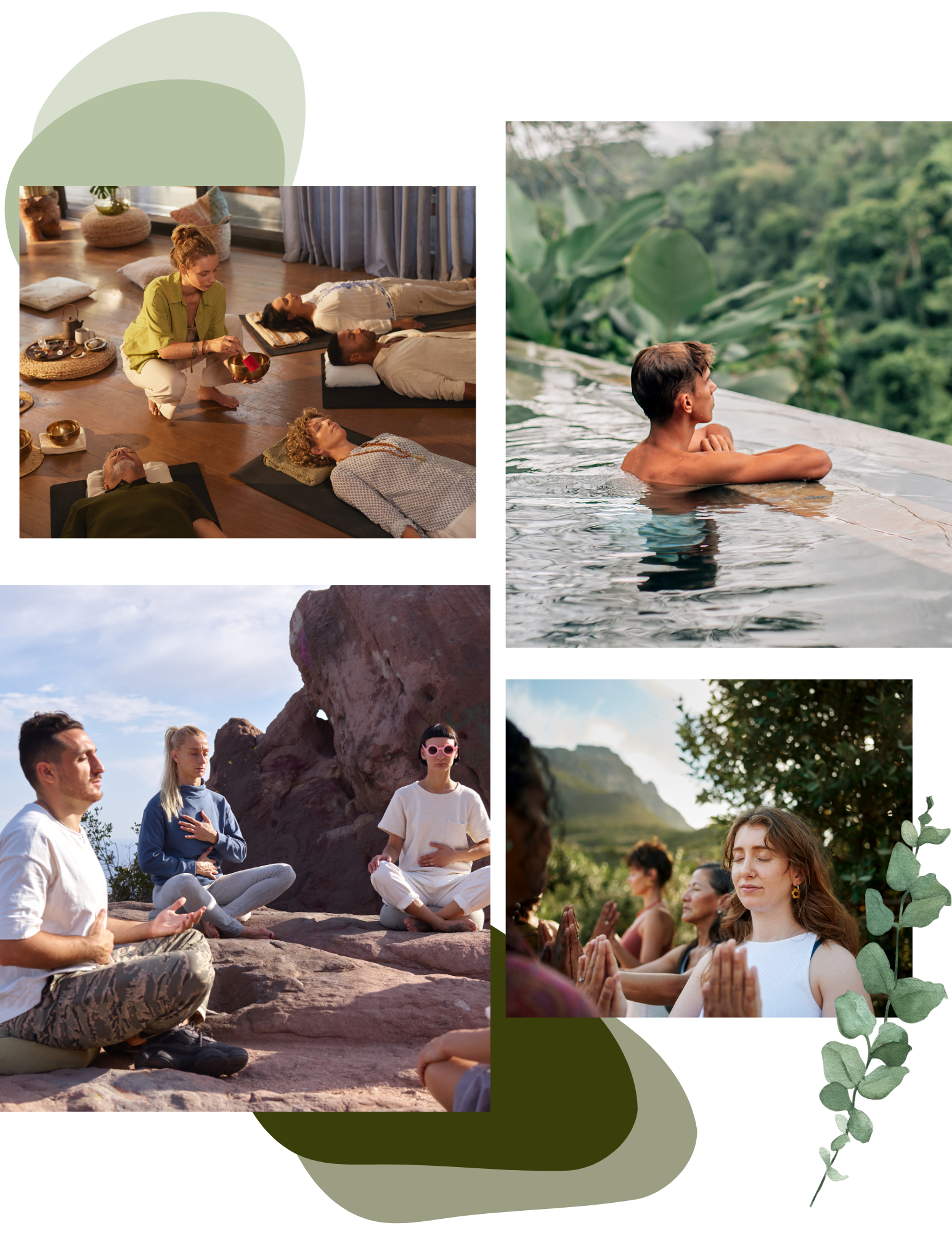 Collage of people at a health and wellness retreat practicing yoga and mindfulness outdoors.