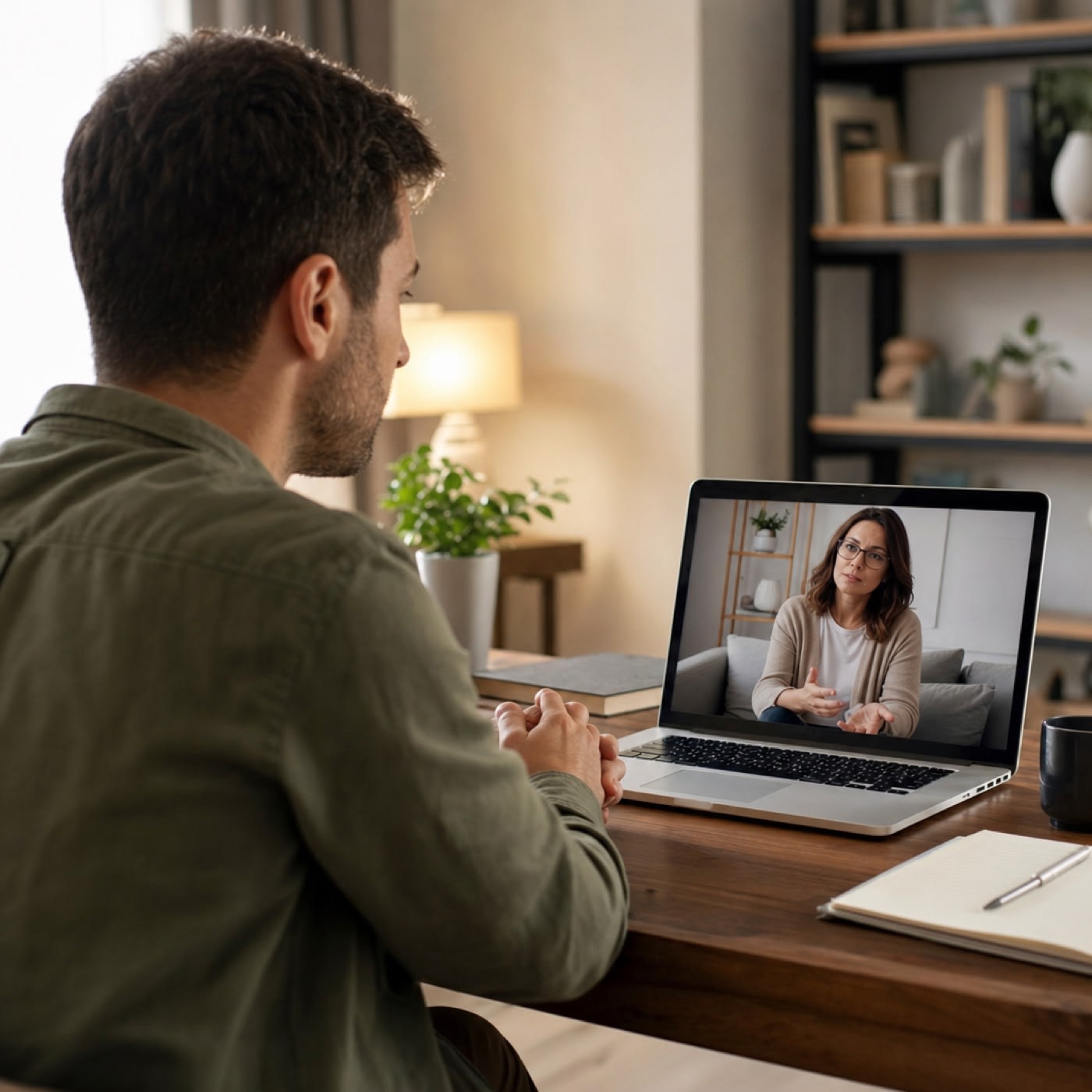 Man in online anxiety therapy session California near me in San Francisco, CA