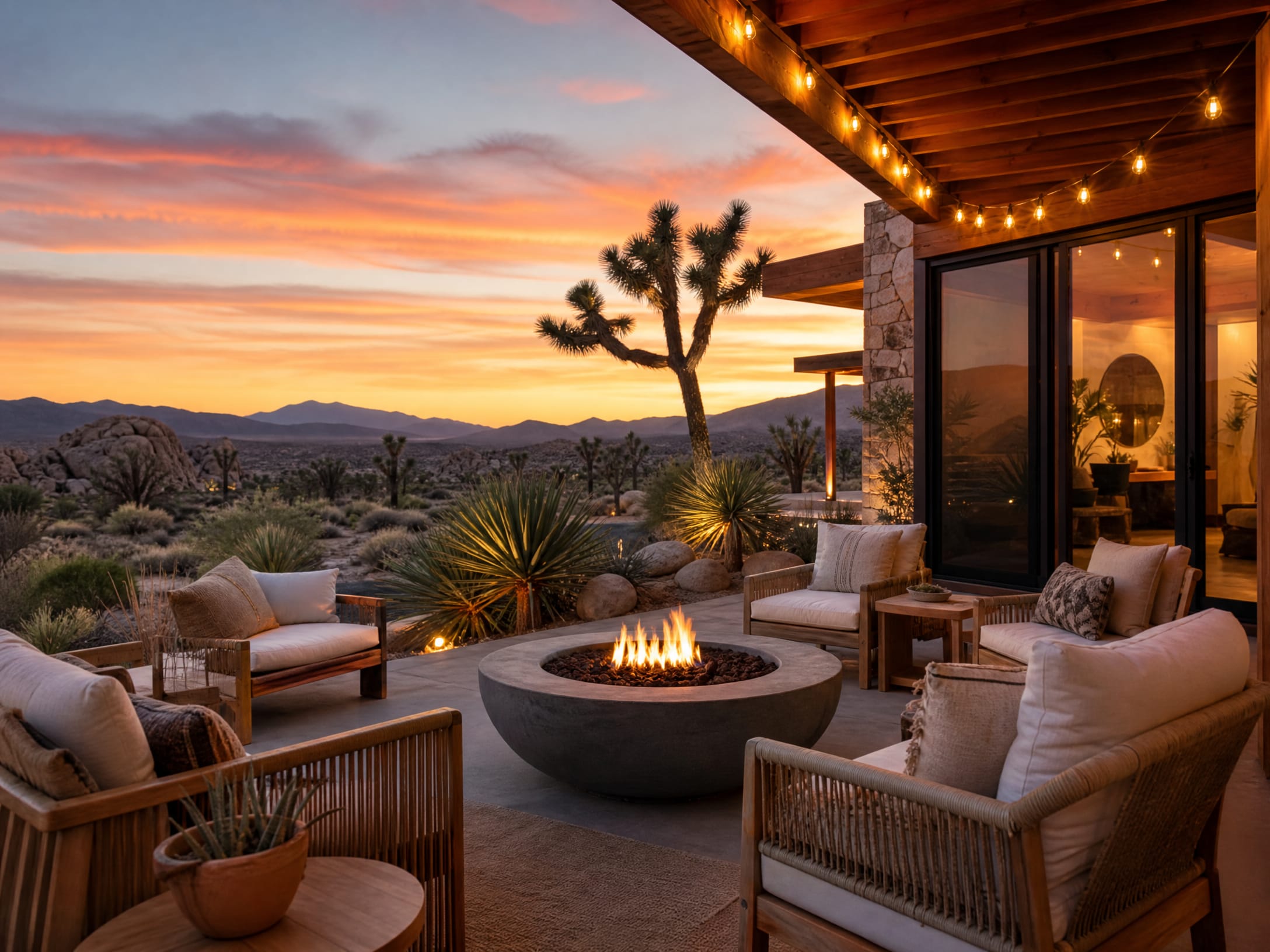Wellness retreat outdoor patio in Joshua Tree with desert sunset