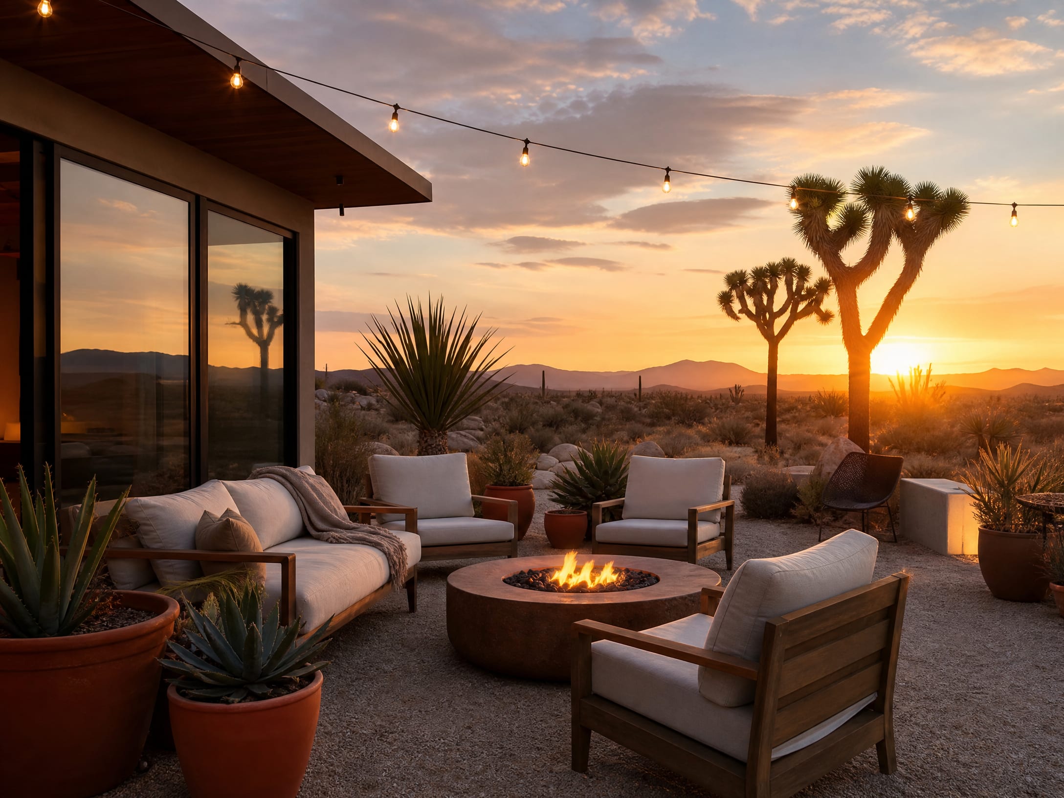 Wellness retreat outdoor patio in Joshua Tree with desert sunset near me in San Francisco, CA