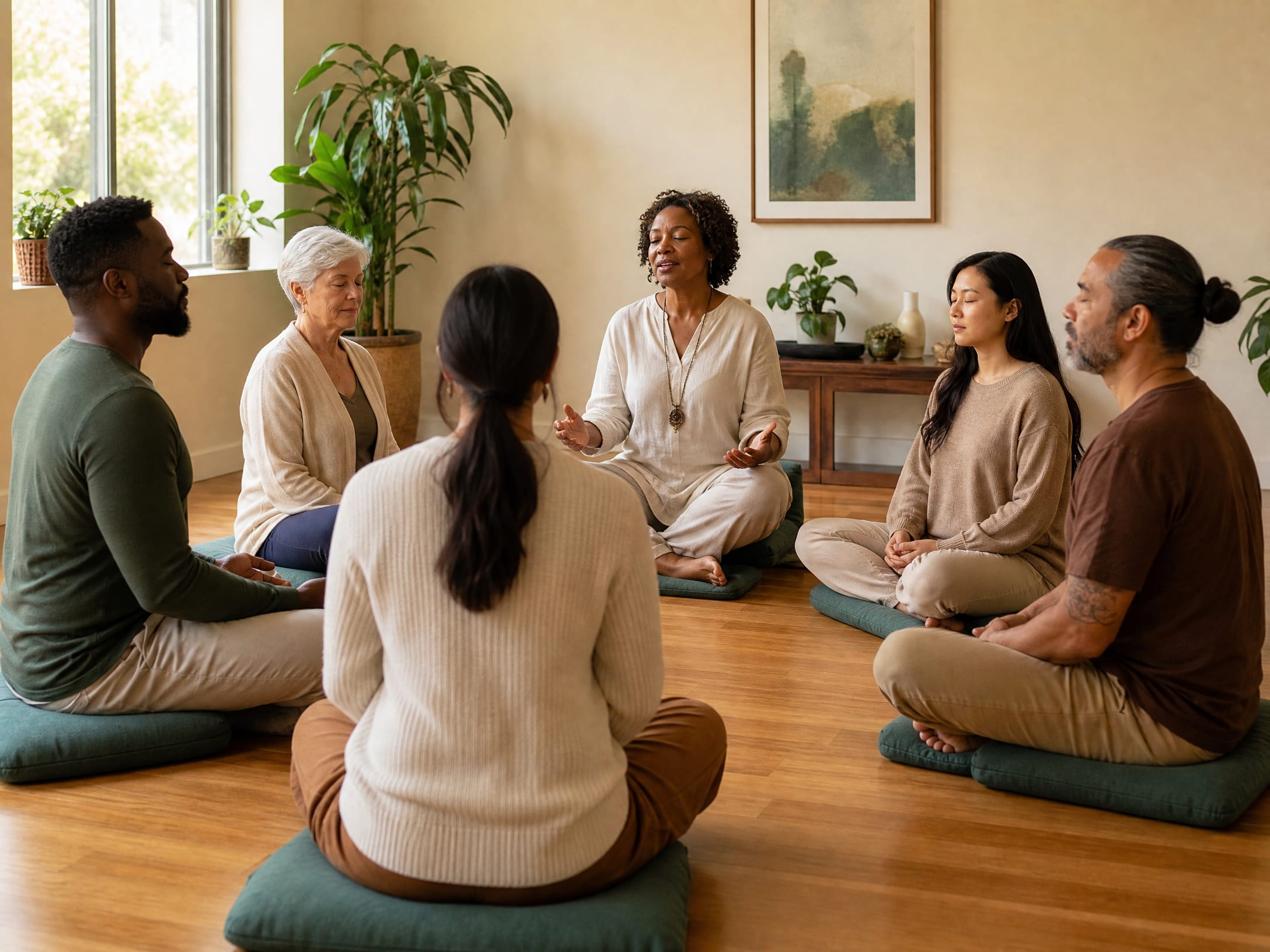 Group mindfulness meditation session in San Francisco therapy office near me in San Francisco, CA