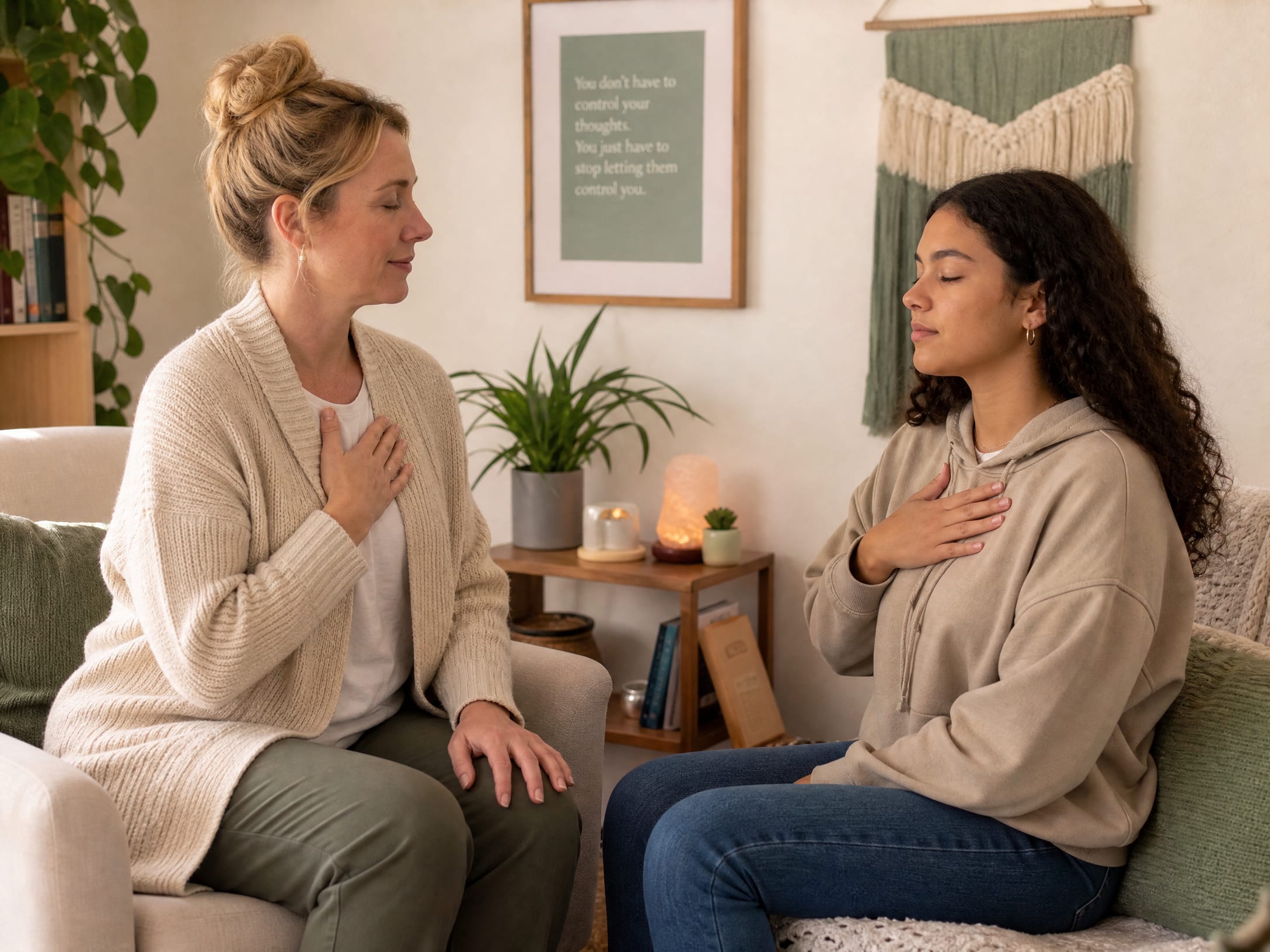 Mindfulness therapist teaching breathing techniques to client near me in San Francisco, CA