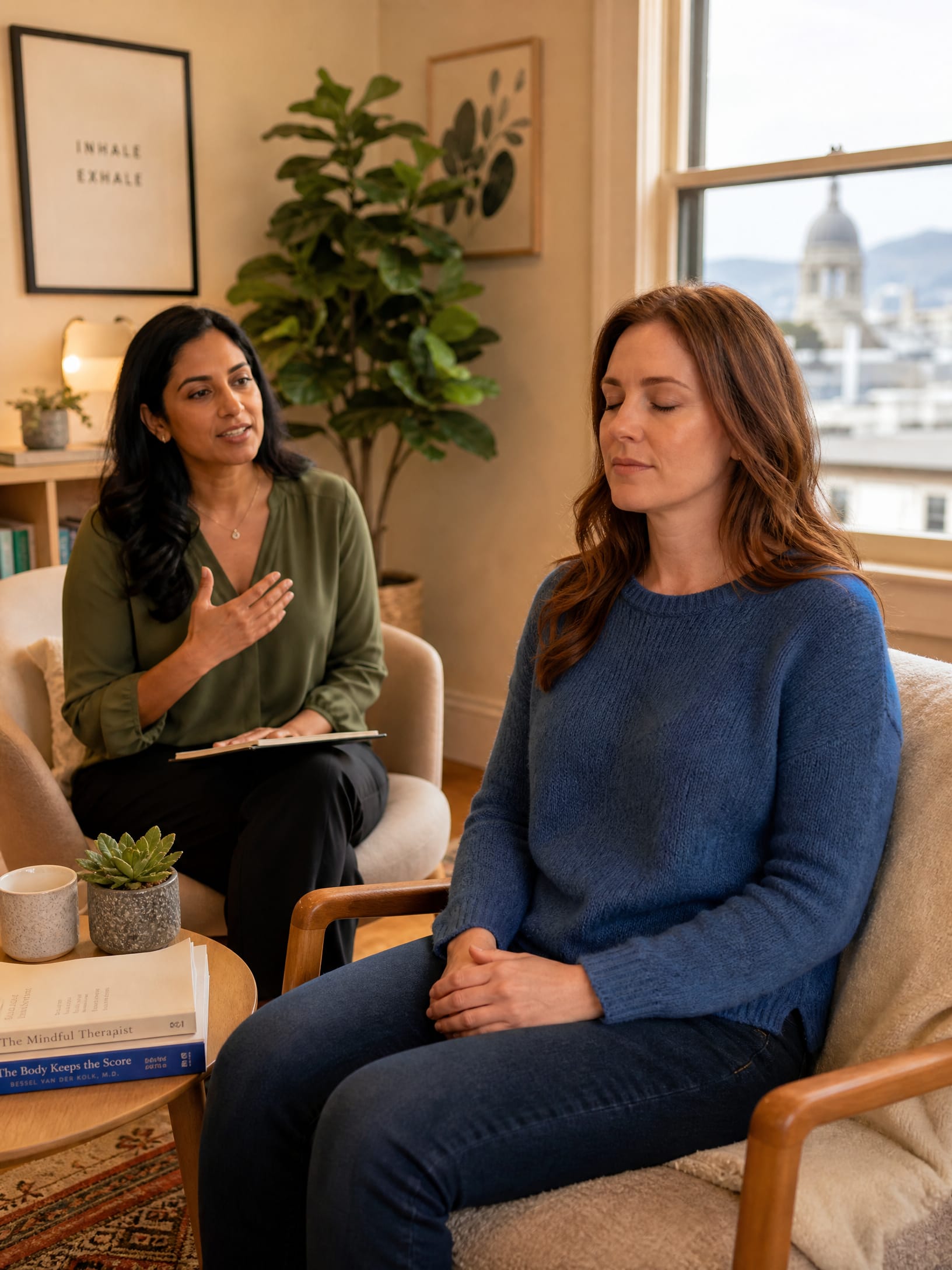 Mindfulness therapist guiding a client through meditation in San Francisco near me in San Francisco, CA