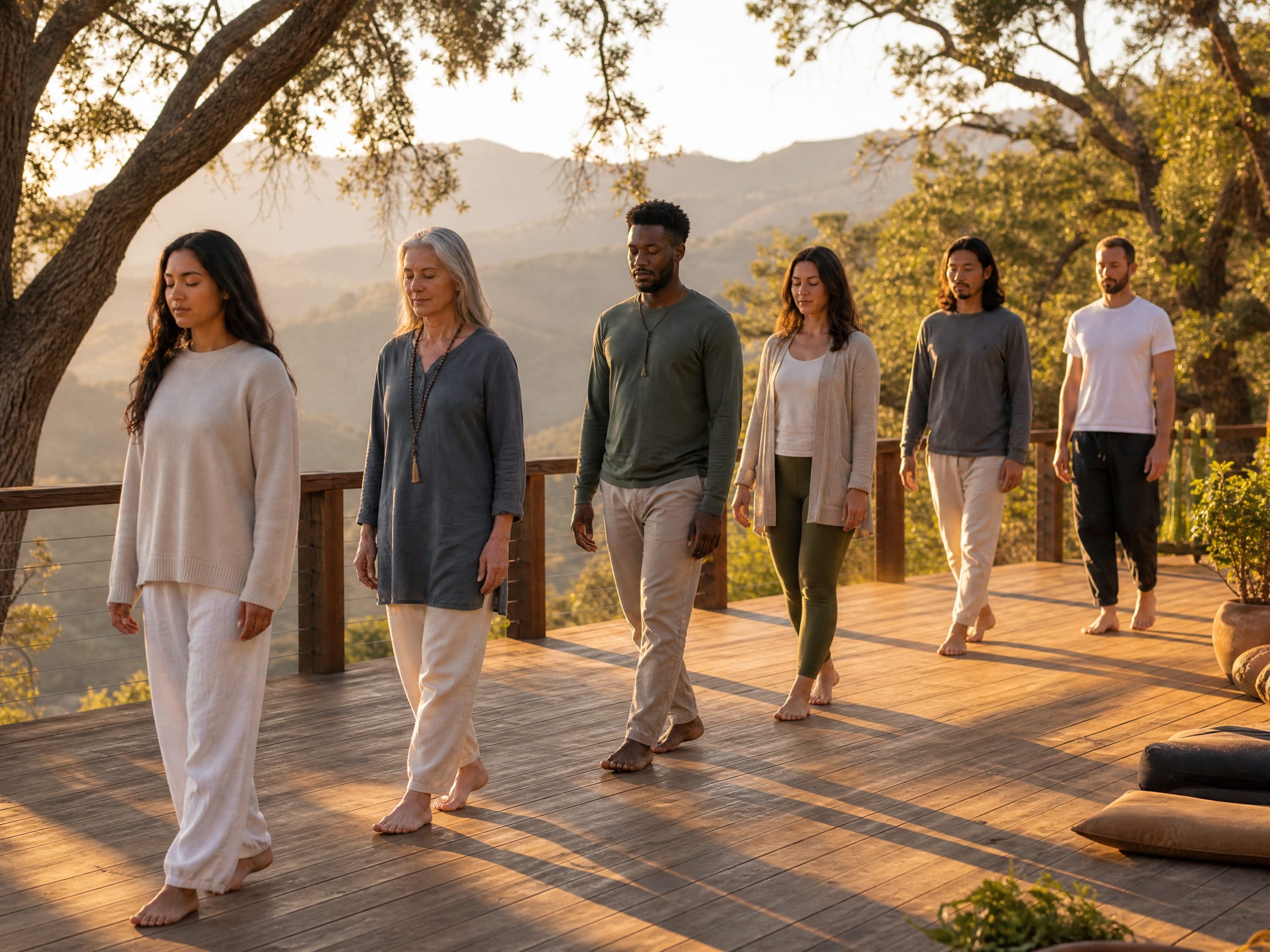Mindfulness retreat with group of participants practicing outdoor meditation near me in San Francisco, CA