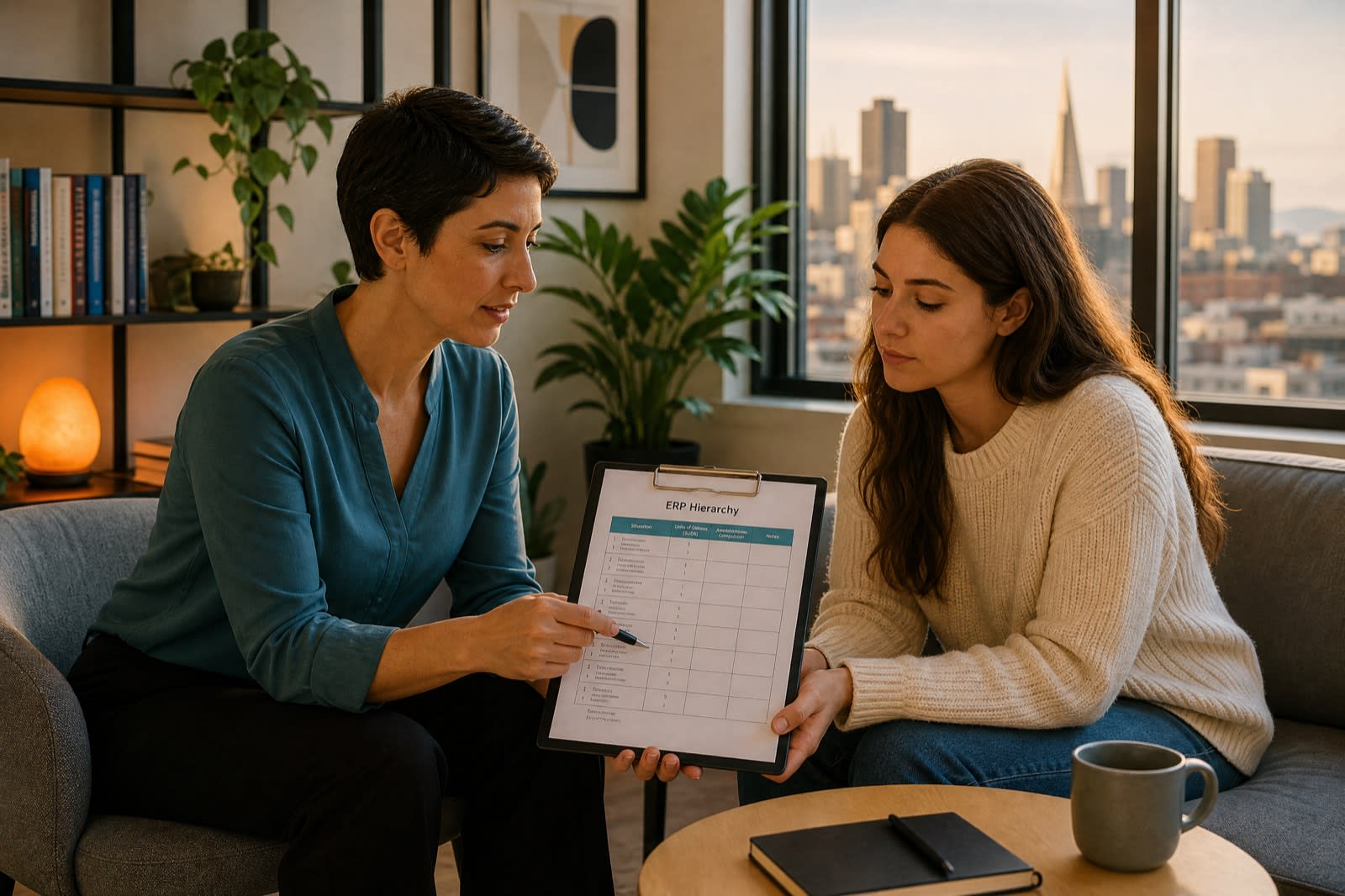 Therapist reviewing an ERP session log with a client