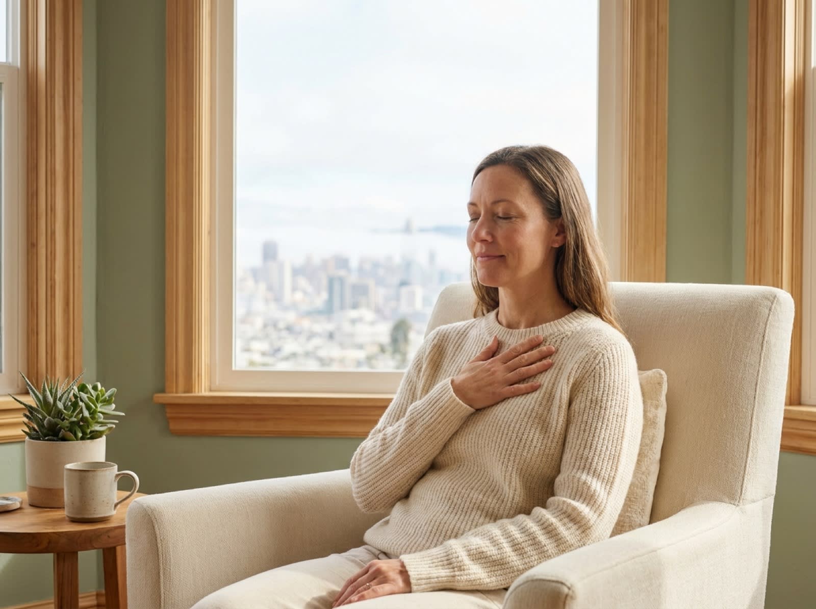 Person practicing self-compassion with a hand on their heart