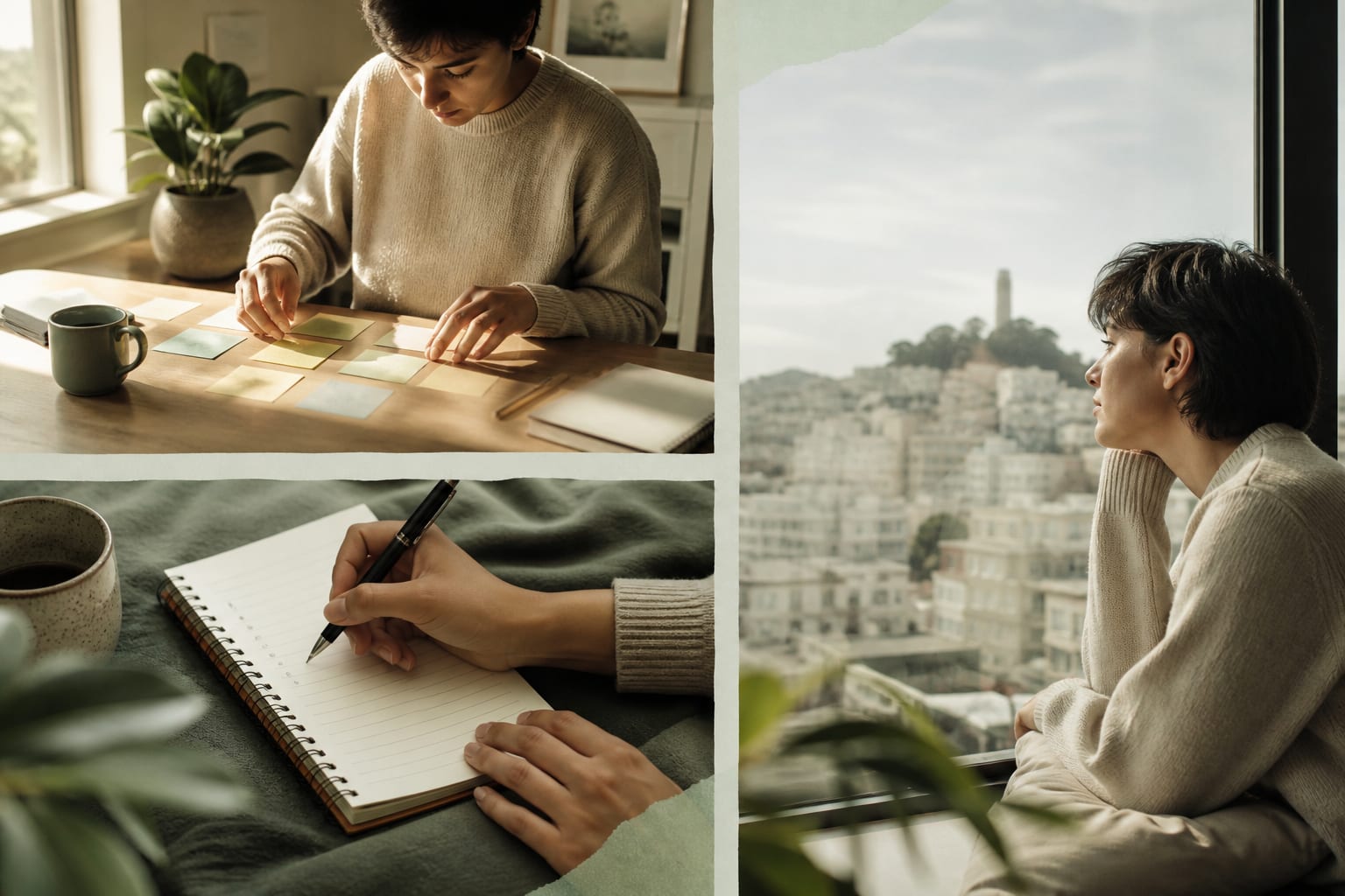 Planning sticky notes and calm focus for productivity