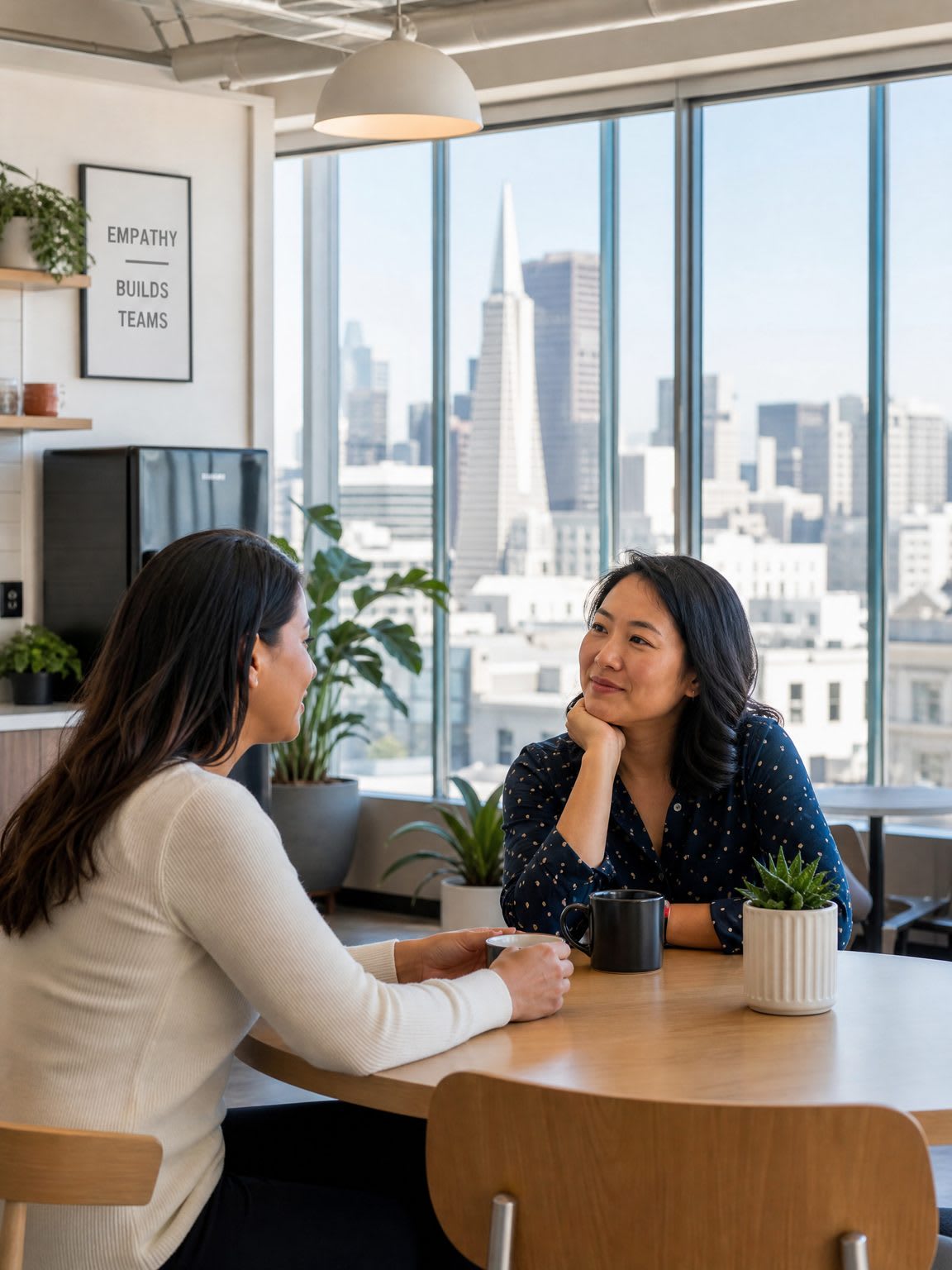Colleagues in supportive conversation after work stress counseling
