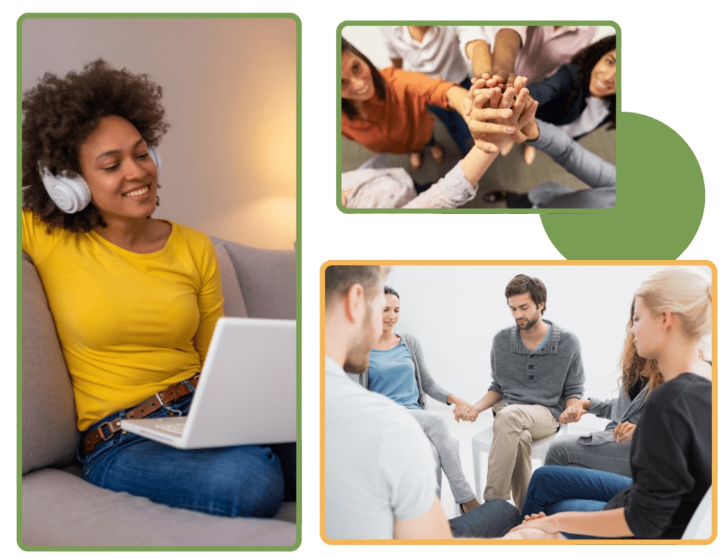 Therapist-led support group session with participants connecting and healing together.