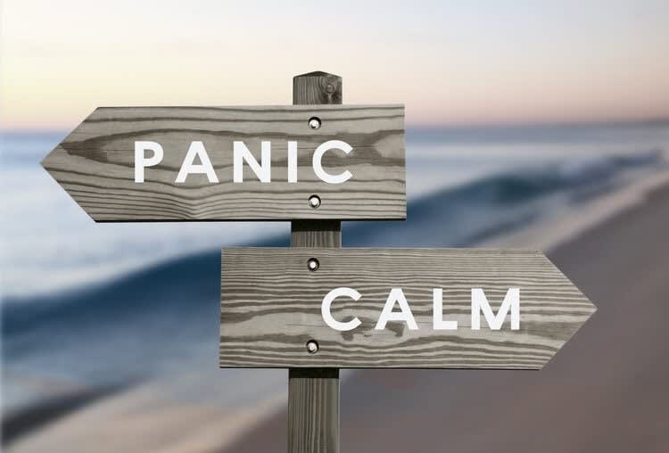 A wooden signpost with two directional arrows, one pointing left labeled "Panic" and the other pointing right 