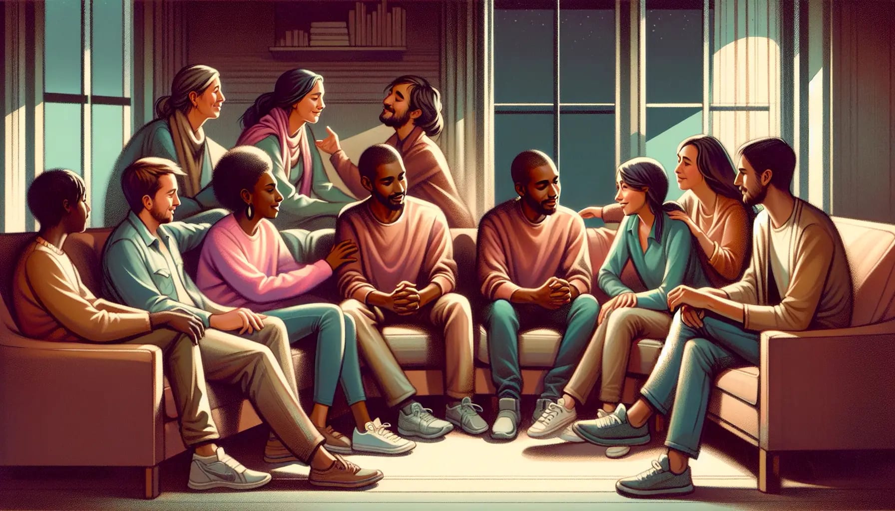 Illustration of individuals engaging in deep interpersonal relationships, reflecting the humanistic approach to reimagining connections