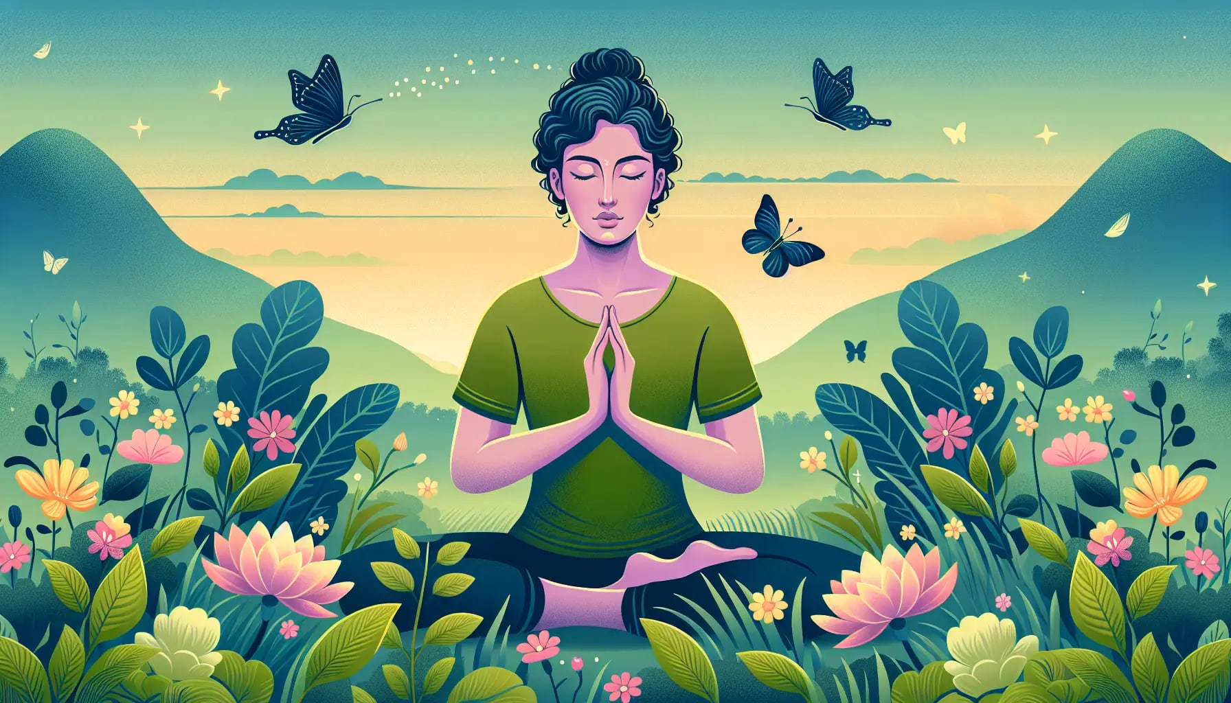 Illustration of a person reciting metta meditation phrases with peaceful surroundings