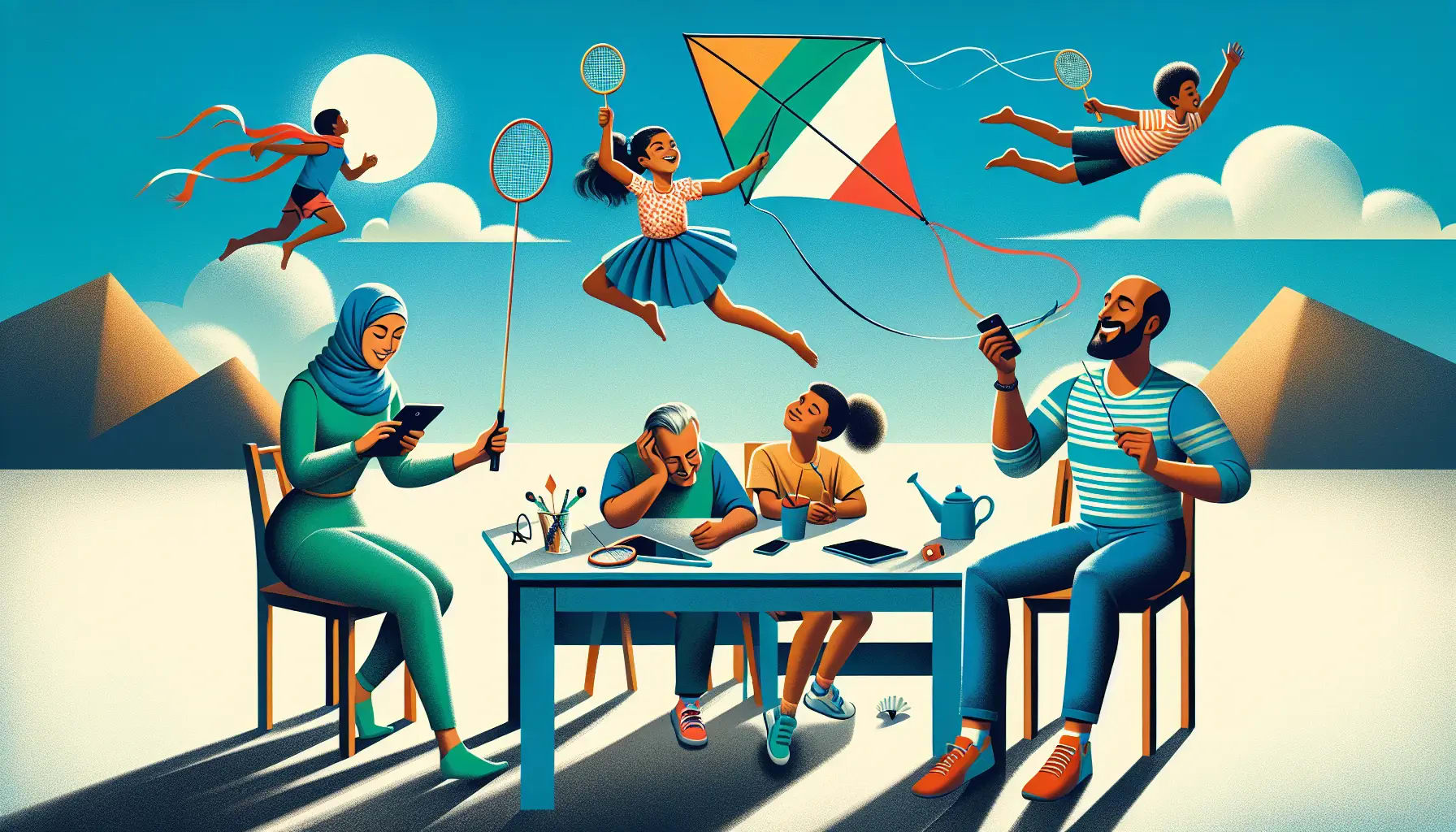 Illustration of a family setting screen time limits and engaging in outdoor activities