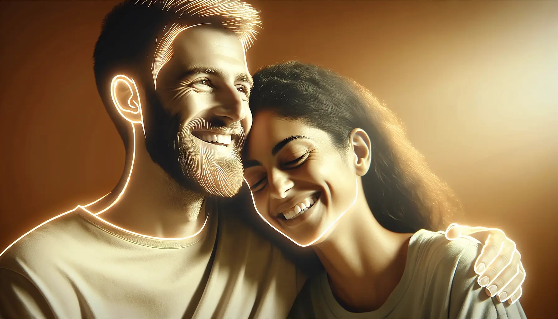 A digital illustration of a smiling couple embracing, illuminated by a warm, golden light during an online sex therapy session.