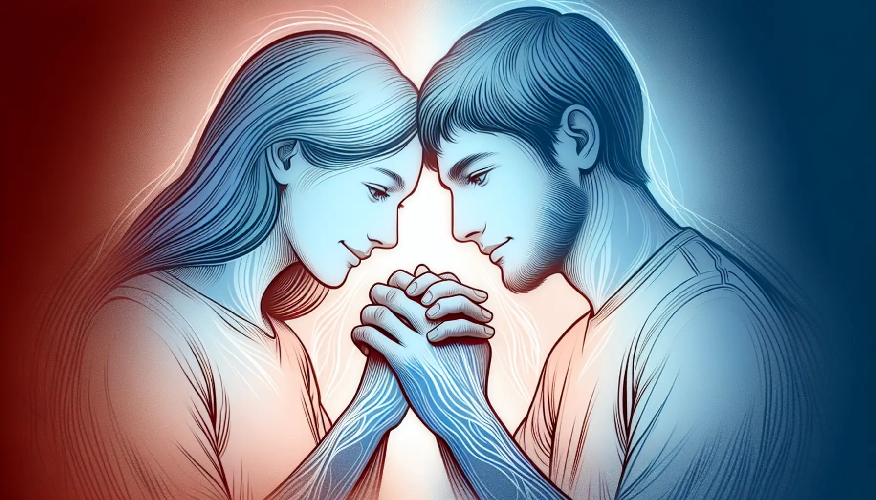 Illustration of a couple engaged in a sex therapy session, facing each other with their foreheads touching and hands clasped together, against a blue and red gradient background.