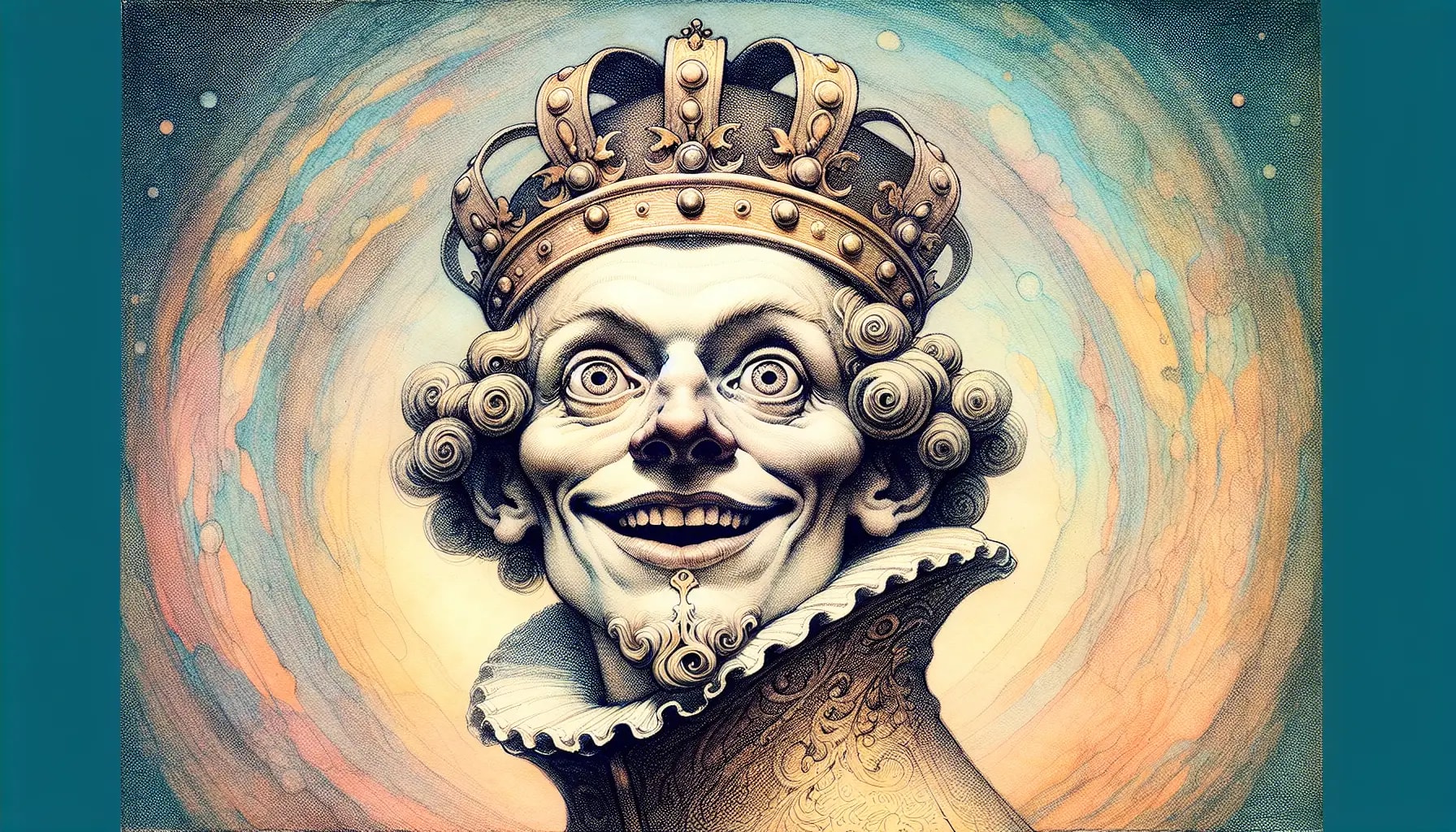 Illustration of a person with a crown and exaggerated features