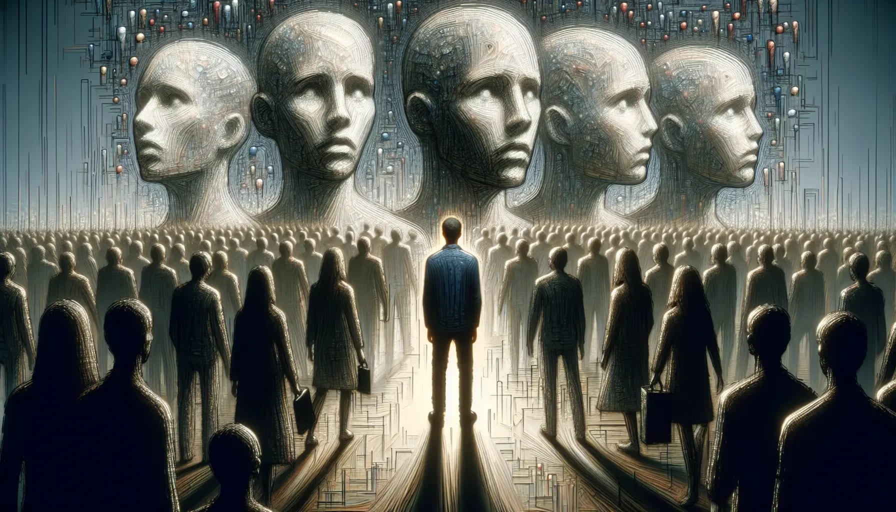Artistic representation of a person surrounded by superficial connections, reflecting the psychological impact of transactional relationships