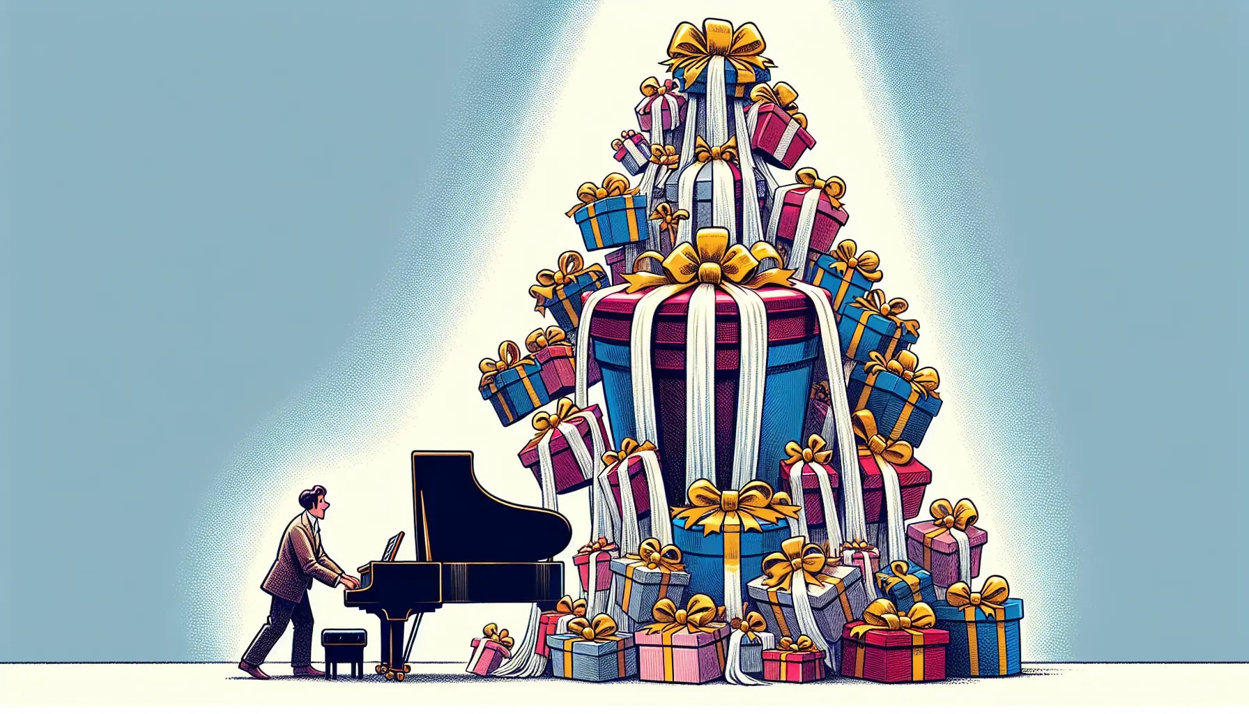 Cartoon depiction of a person receiving extravagant gifts