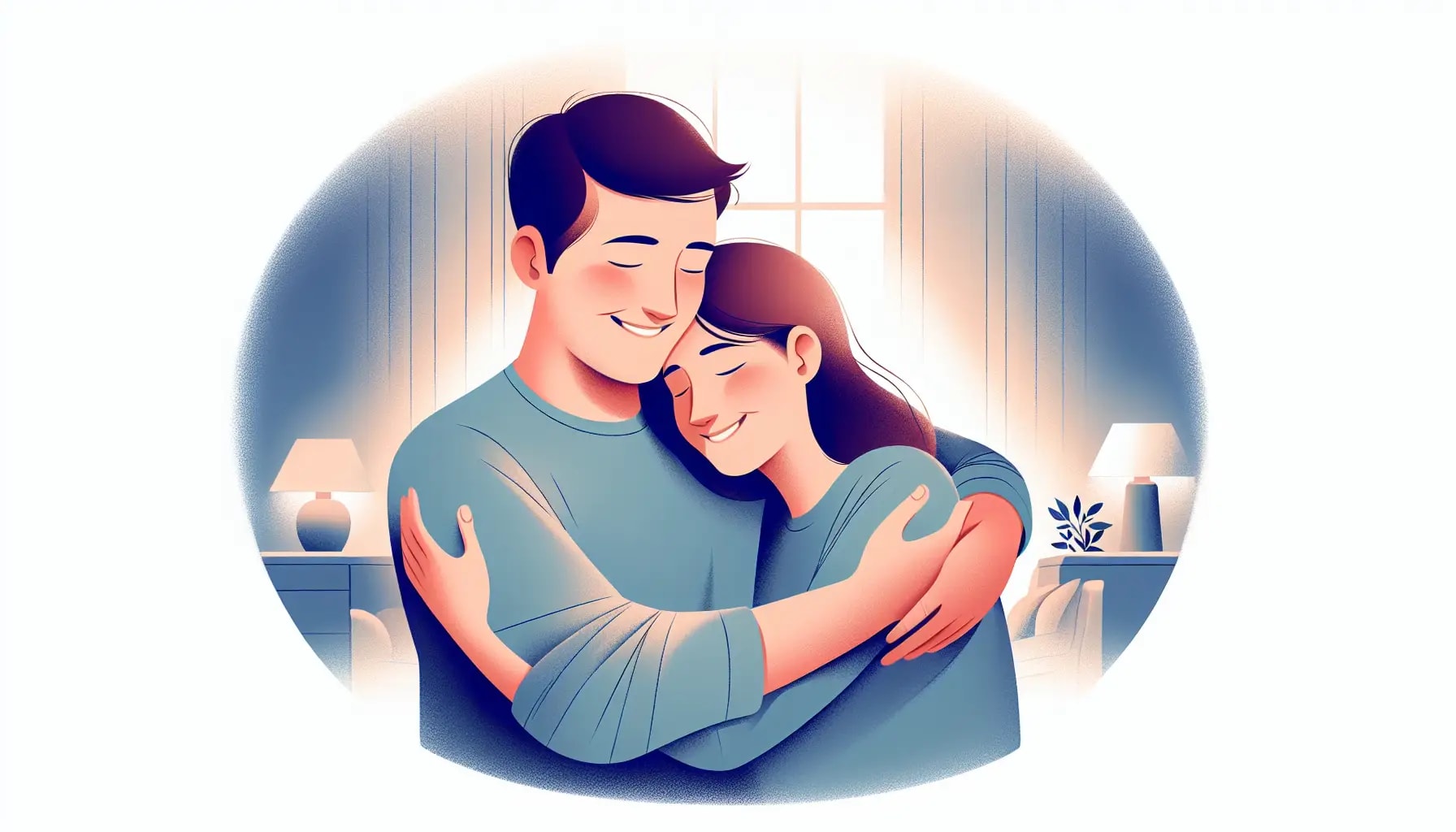 A man and a woman embracing lovingly in a cozy room, illuminated by soft light from a window, potentially resembling the warm atmosphere of sex therapy in Oakland.