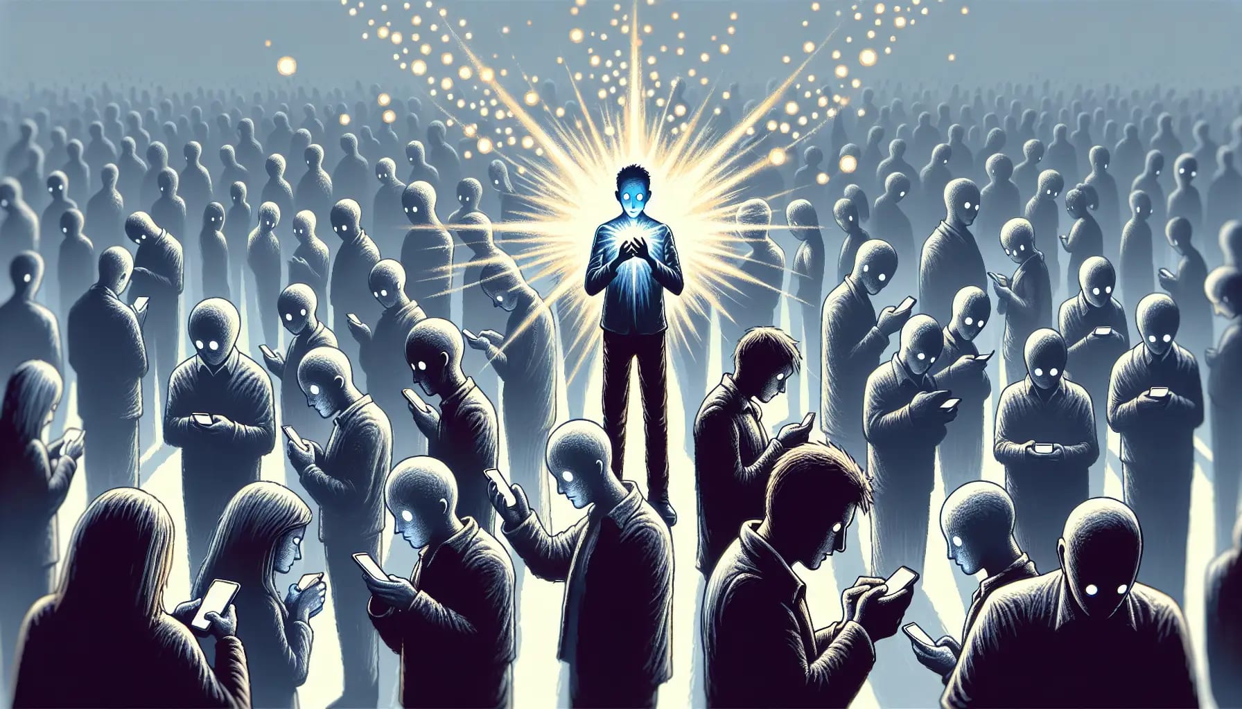 Illustration of a person seeking genuine connection in a transactional era, overcoming existential anxiety