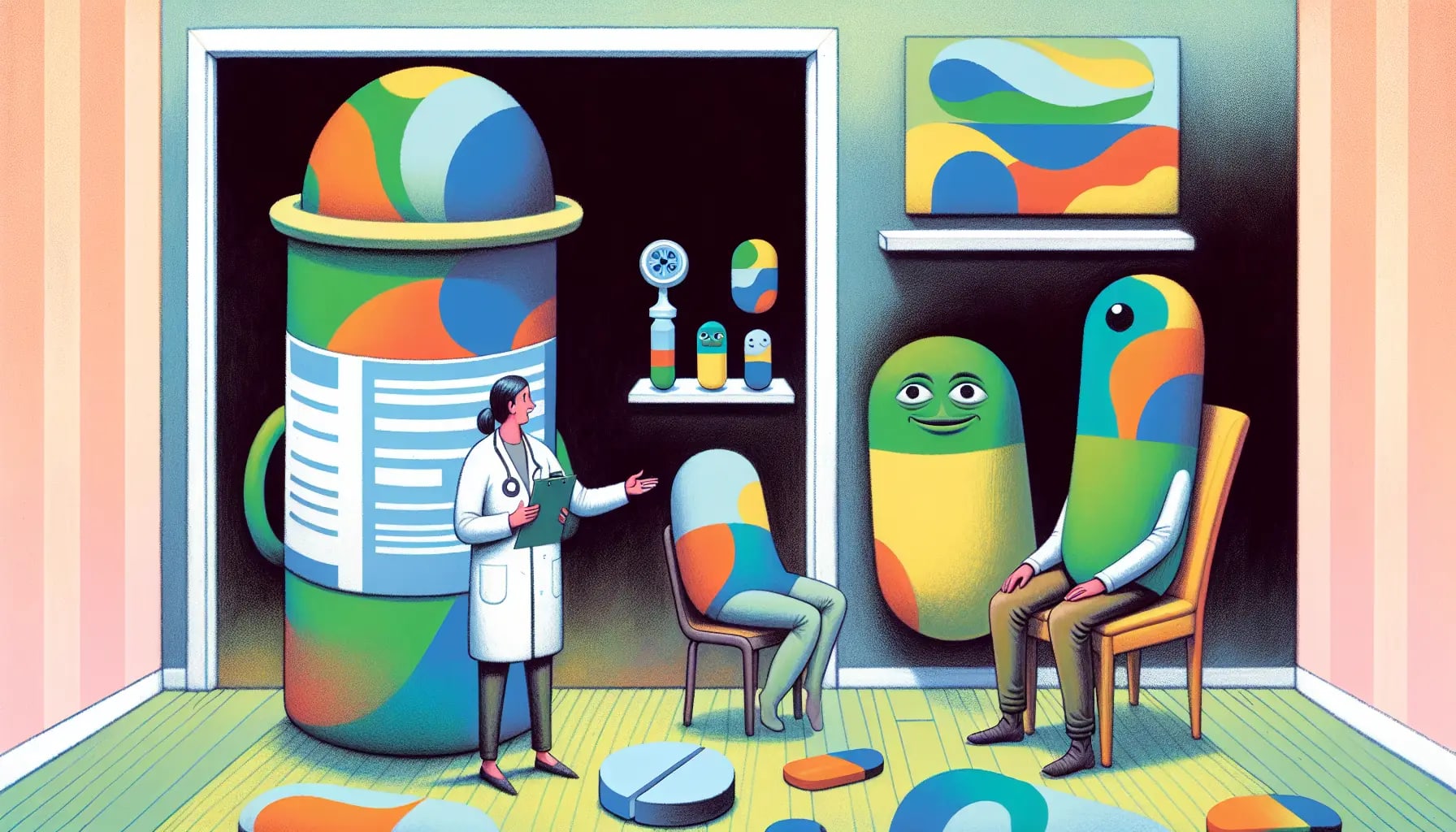 Whimsical illustration of medication and therapy