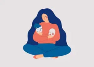 Illustration of a woman with borderline personality disorder, depicted with long blue hair, sitting cross-legged, holding two masks representing contrasting emotions, sadness and happiness.