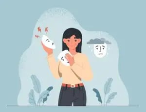 A woman holds a happy mask while sad and angry masks float nearby, illustrating the different emotions associated with borderline personality disorder.