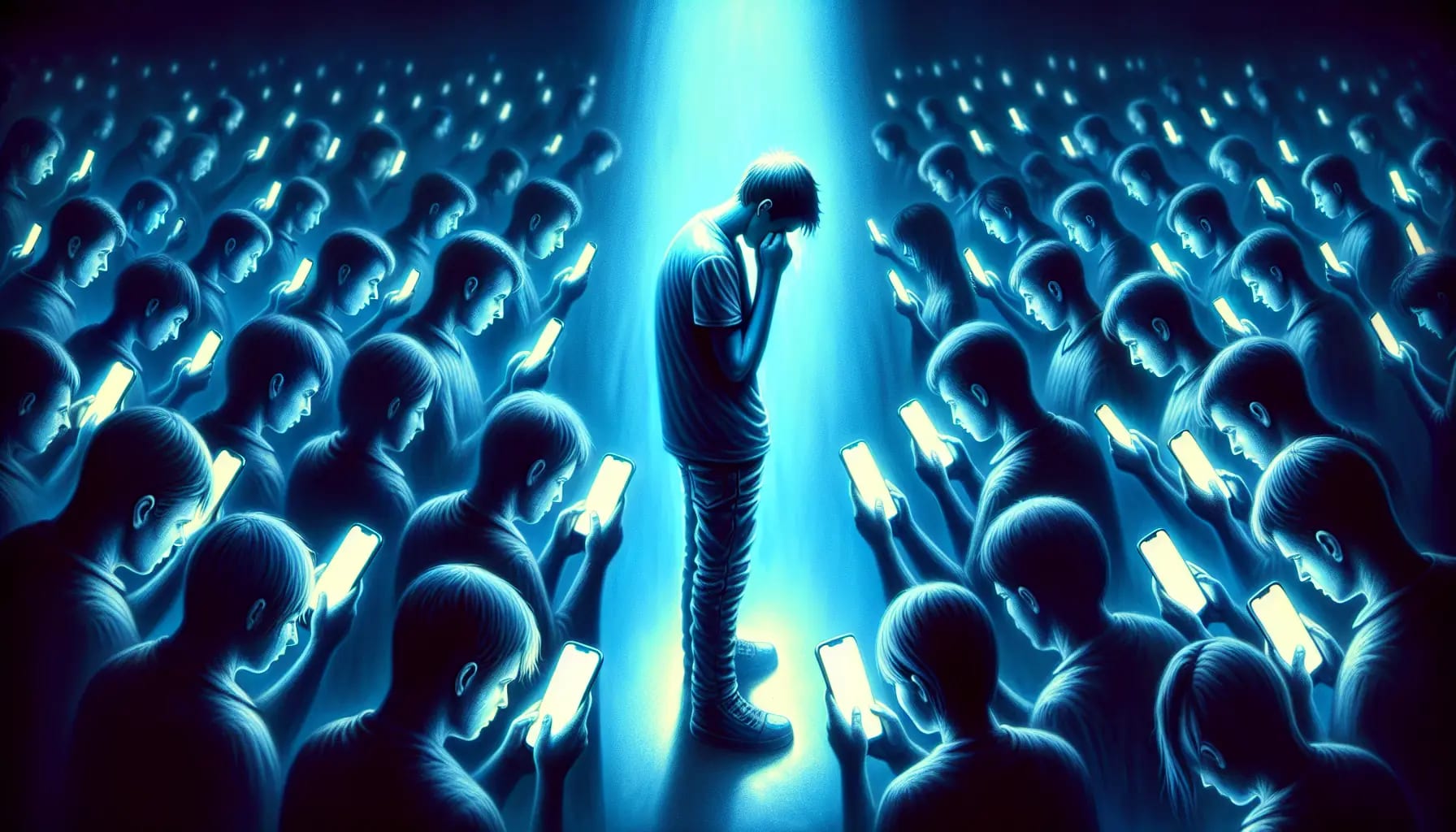 Illustration of a person feeling lonely while surrounded by smartphones