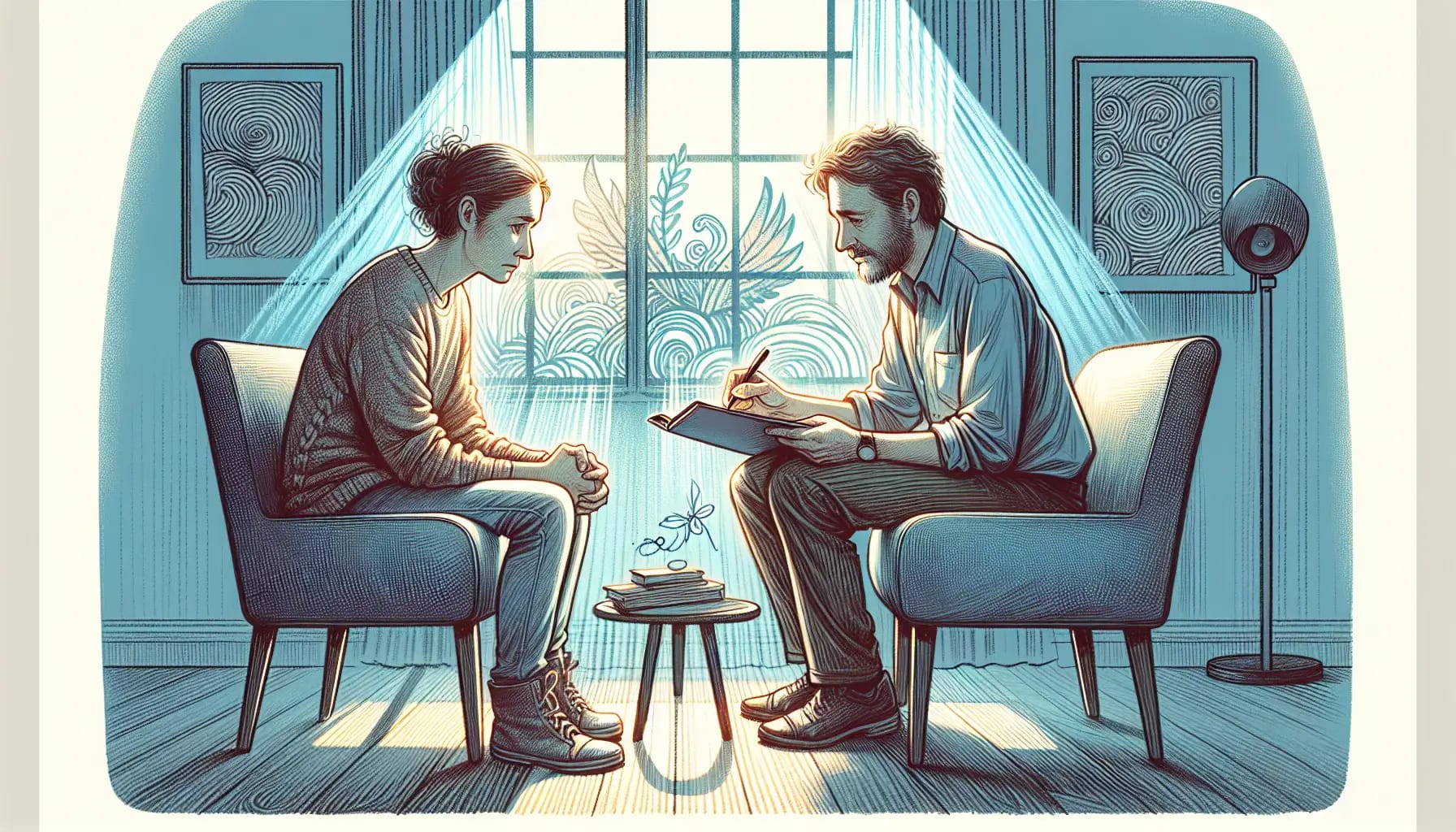 Illustration of a parent participating in a TF-CBT session with a therapist
