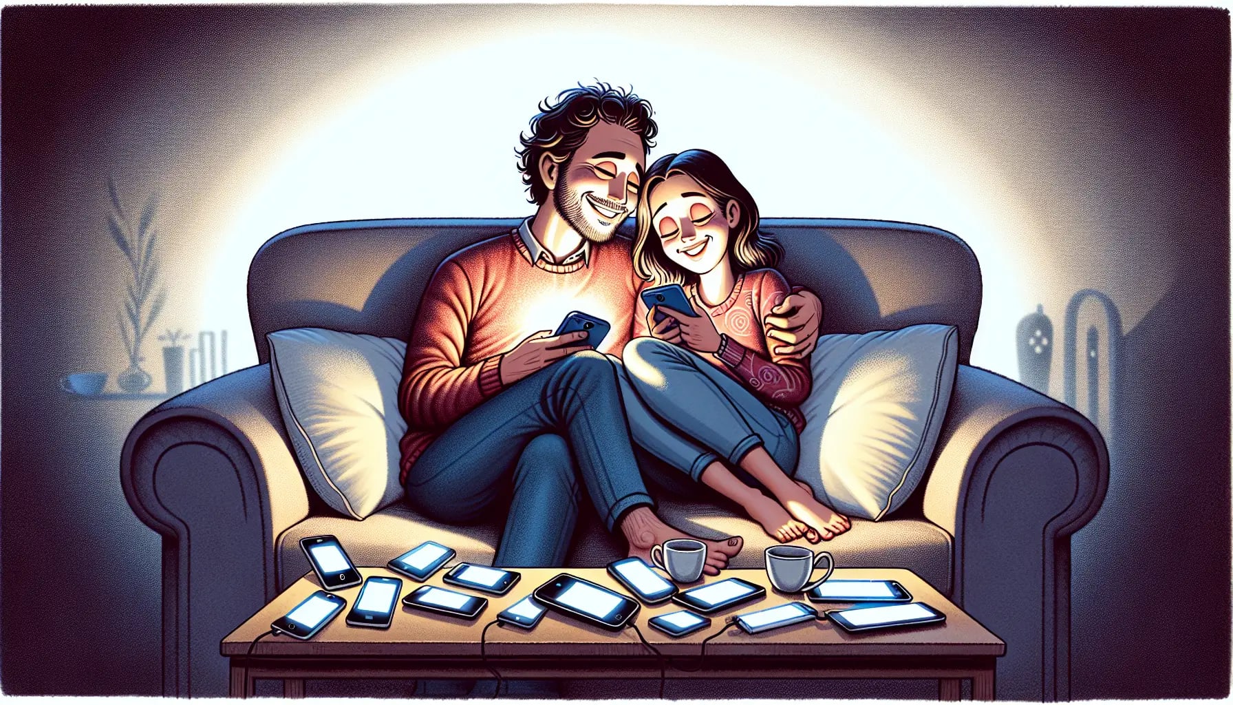 Cartoon of a couple communicating effectively amidst digital distractions