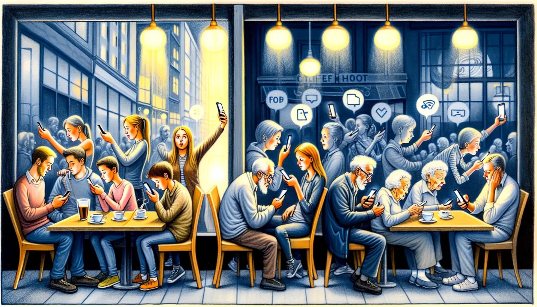 Illustration comparing young adults and older generations with smartphones