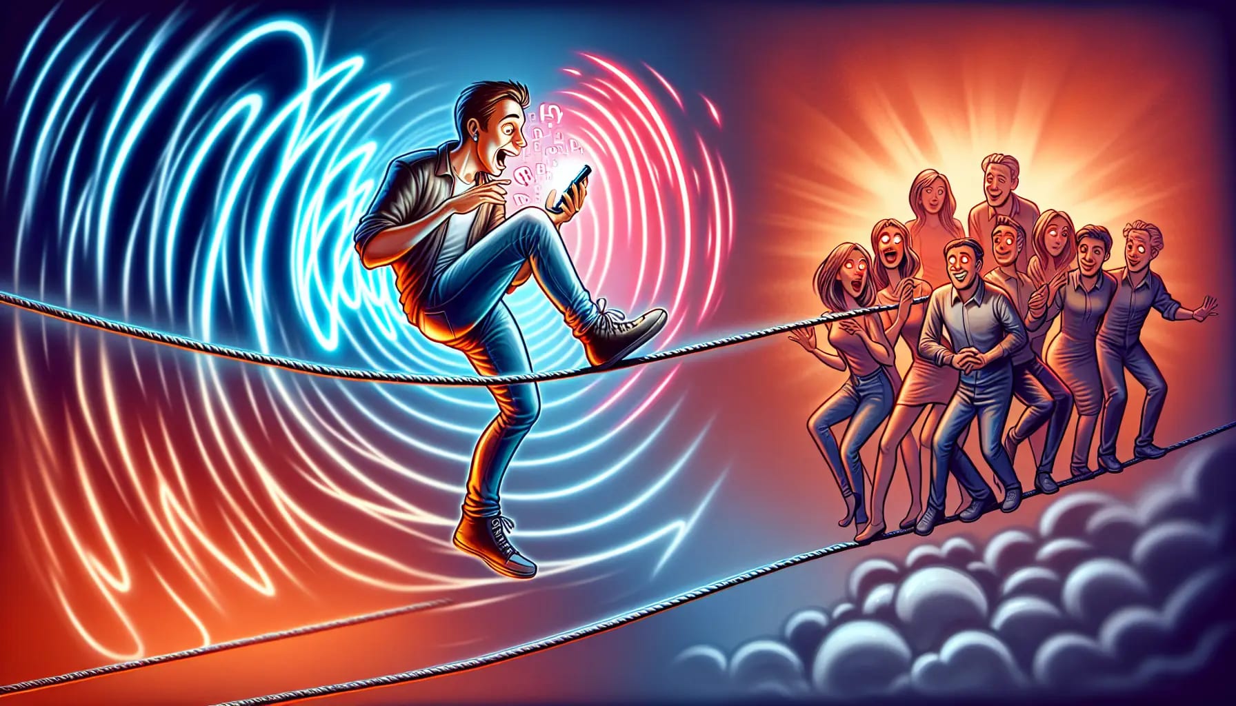 Cartoon of a person torn between a smartphone and face to face interactions