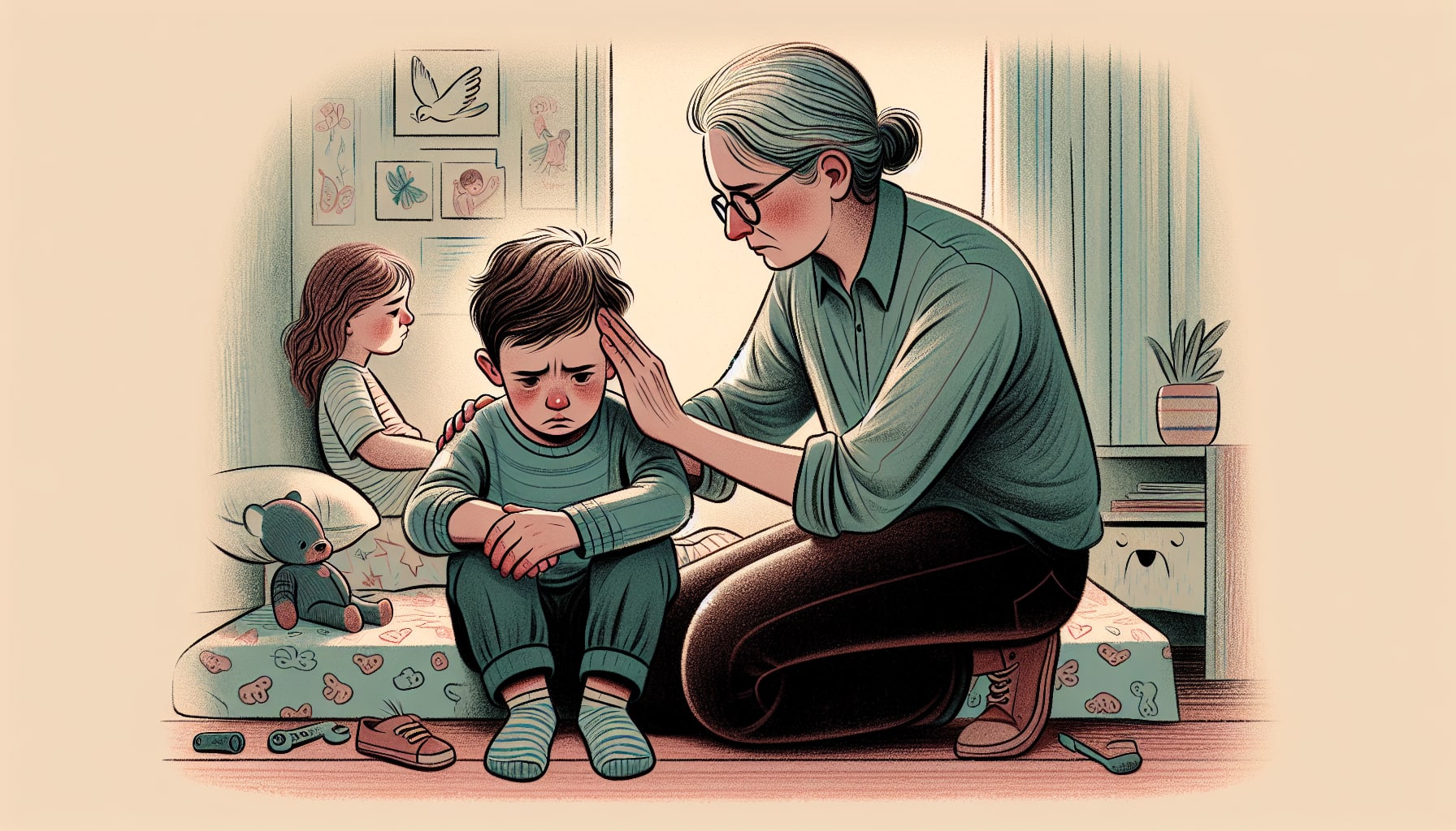 Illustration of a child showing trauma symptoms and receiving support