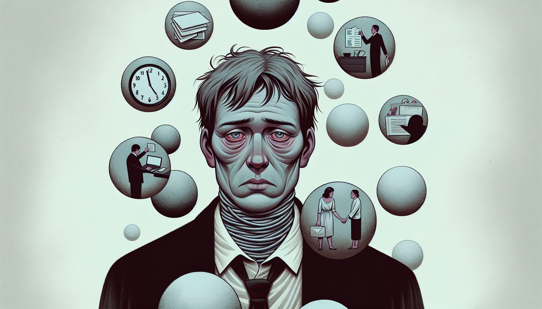 A person juggling multiple tasks while looking fatigued and distressed